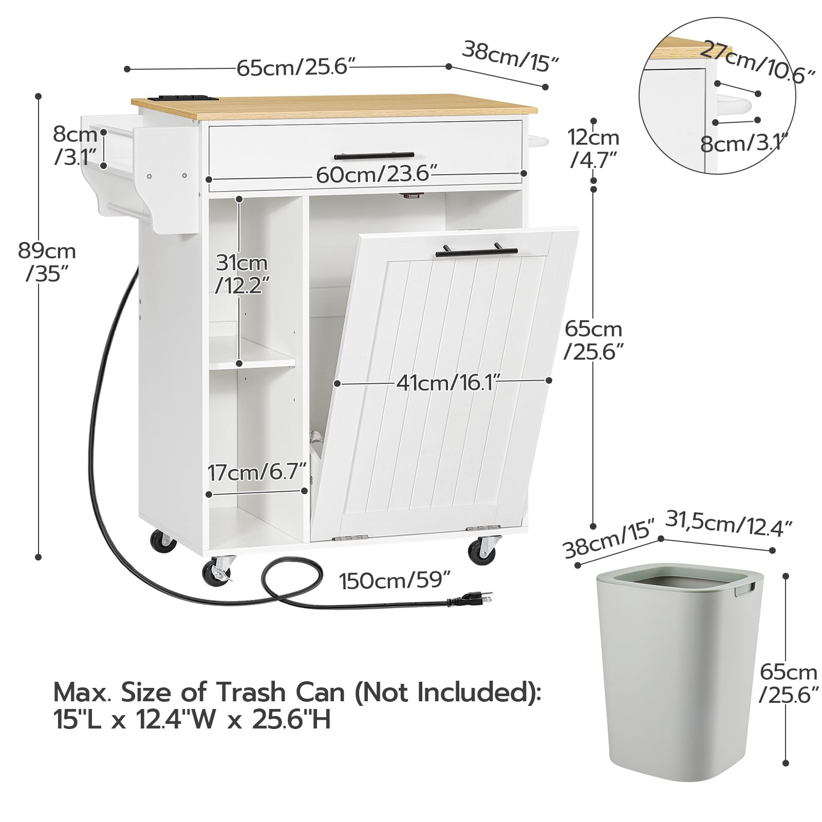 HOOBRO Kitchen Island with Trash Can Storage, Rolling Kitchen Island on Wheels, Kitchen Storage Island with Power Outlet, Mobile Islands Table for 10 Gallon Garbage Bin, Natural and White WN80UZD01G1