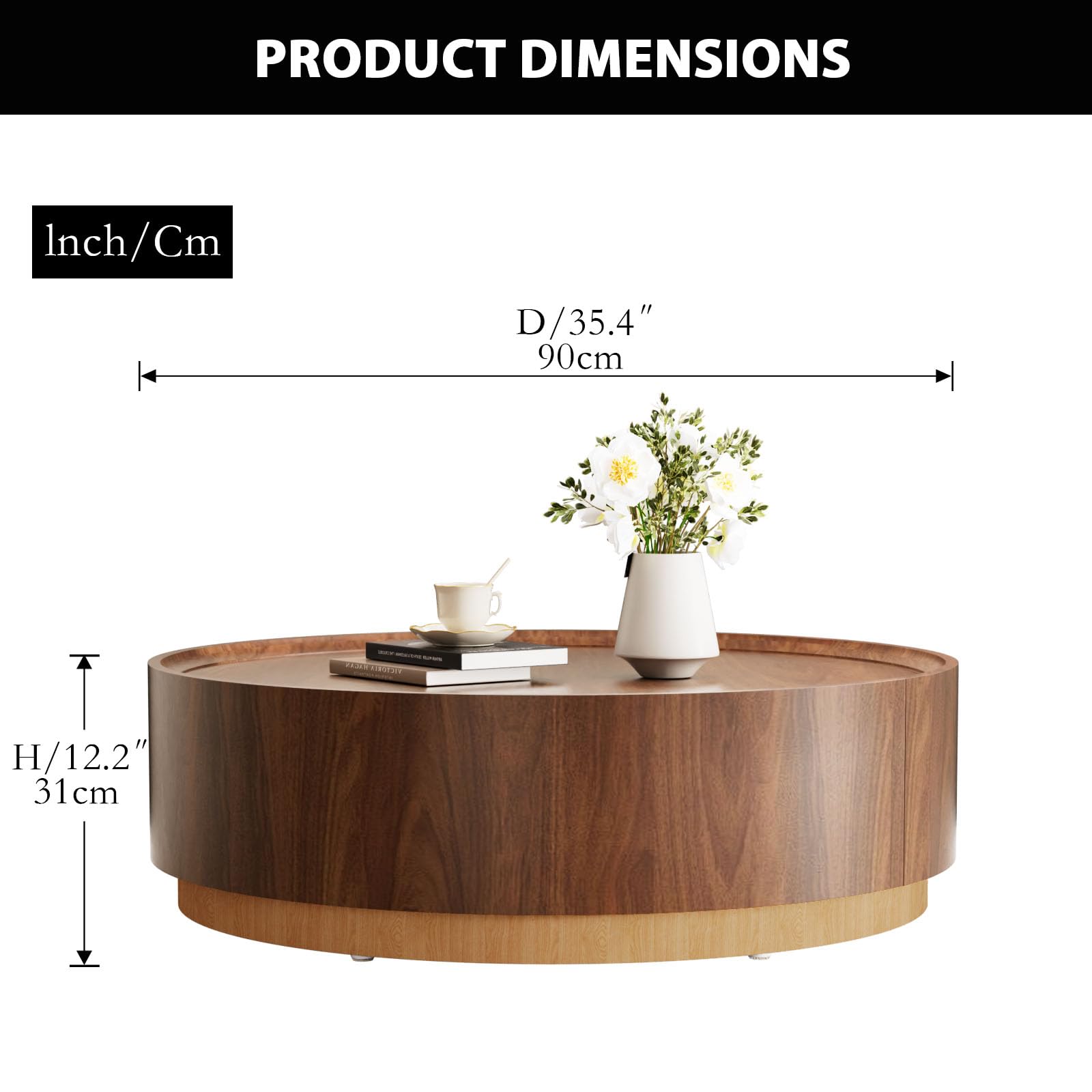 35.4'' Round Drum Coffee Table with Storage, Modern Wooden Round Coffee Tables, Unique Circle Center Table Accent Tea Table with Sturdy Pedestal for Living Room Apartment Small Space (Brown 35.4")