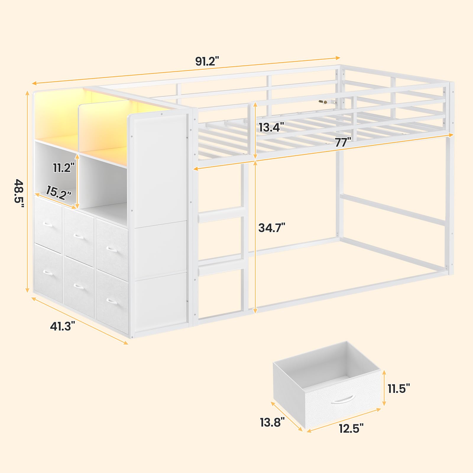 Twin Over Twin Bunk Bed with Storage & LED Lights
