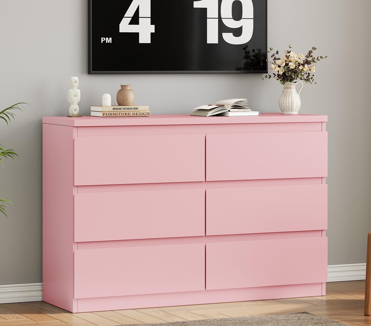 6-Drawer Pink Dresser with Metal Rails