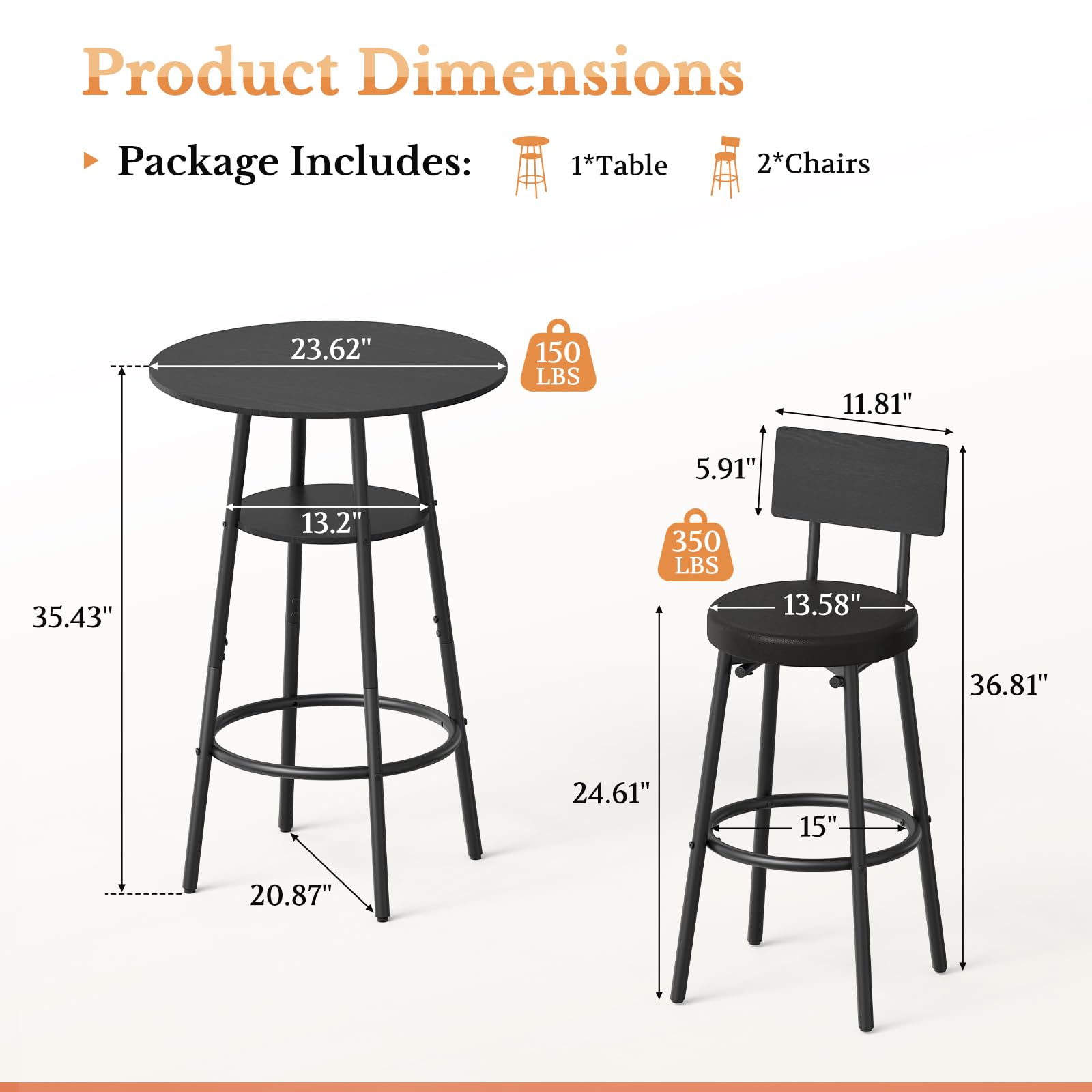 Round Bar Table & 2 Stools Set with Storage
