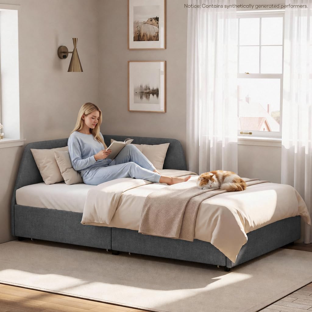 LIKIMIO Premium Twin Corner Daybed with 2 Drawers and Headboard, Grey