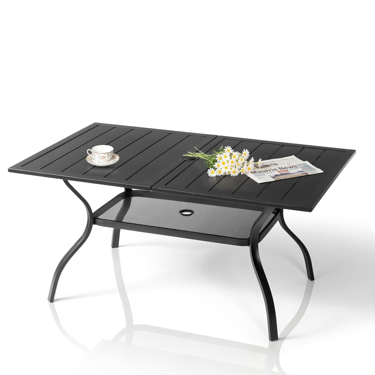 VINGLI 60" x 38" Rectangle Patio Table for 6, Metal Outdoor Dining Table with Umbrella Hole, All-Weather Steel Patio Dining Table Outdoor Table for Lawn, Garden, Backyard, Black (L60 xW38)