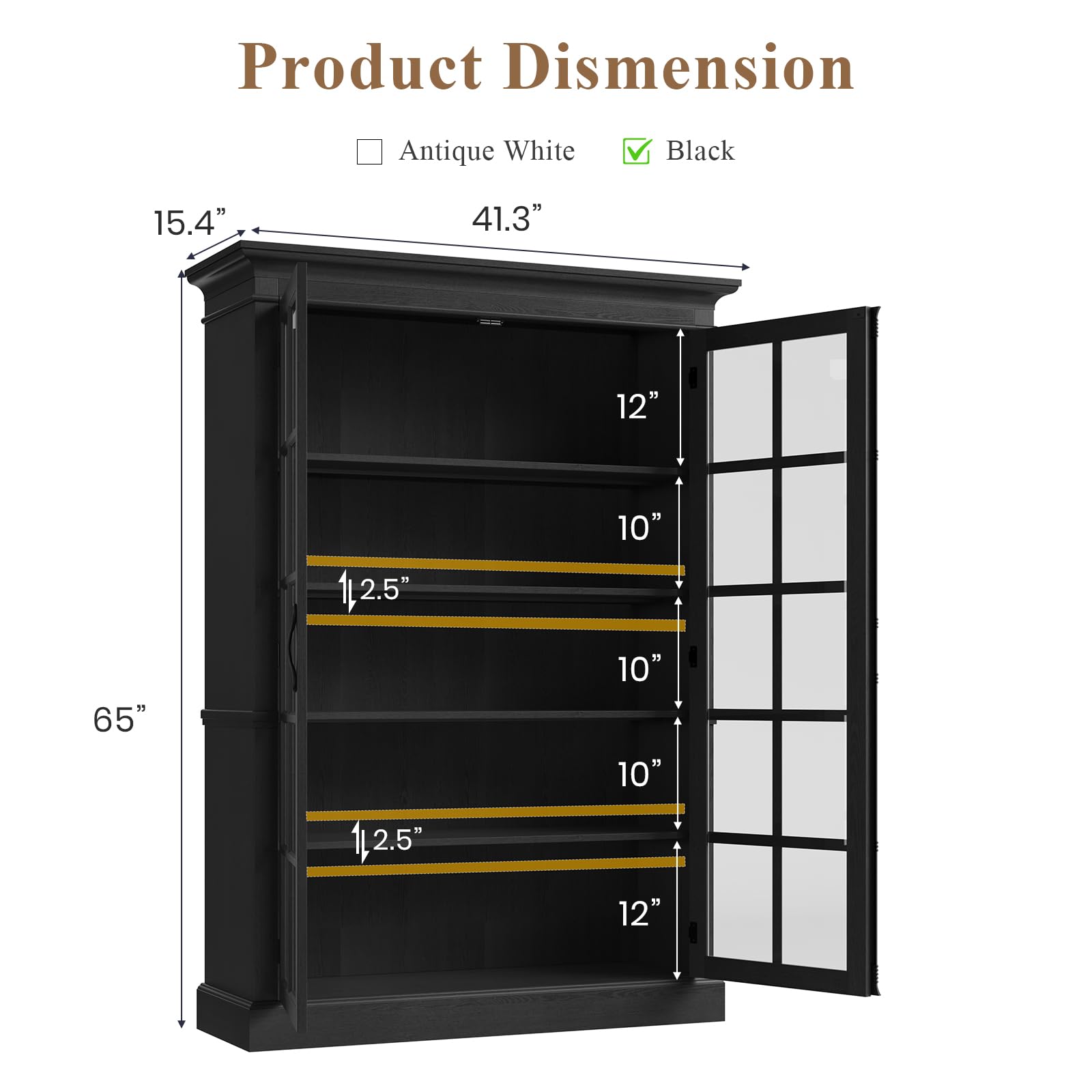 65" Farmhouse Display Cabinet with Glass Doors & Adjustable Shelves