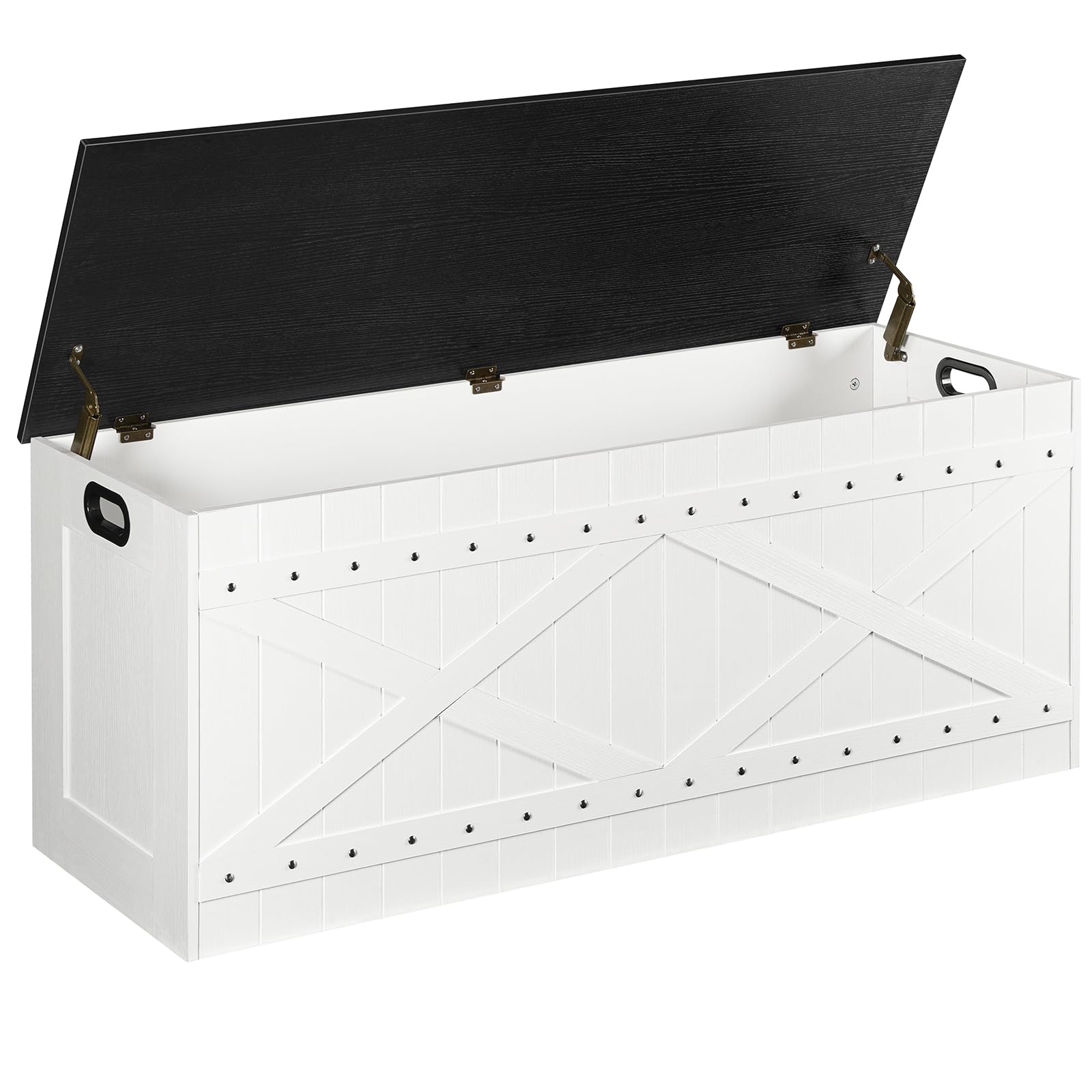 MAHANCRIS 47.2" Storage Chest, Extra Large Toy Box with 2 Safety Hinges, Wooden Toy Chest, Storage Bench with Rivets, Storage Trunk for Bedroom, Living Room, Entryway, White and Black SCBB18501