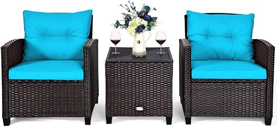 3-Piece Outdoor Rattan Conversation Set with Cushions & Glass Table