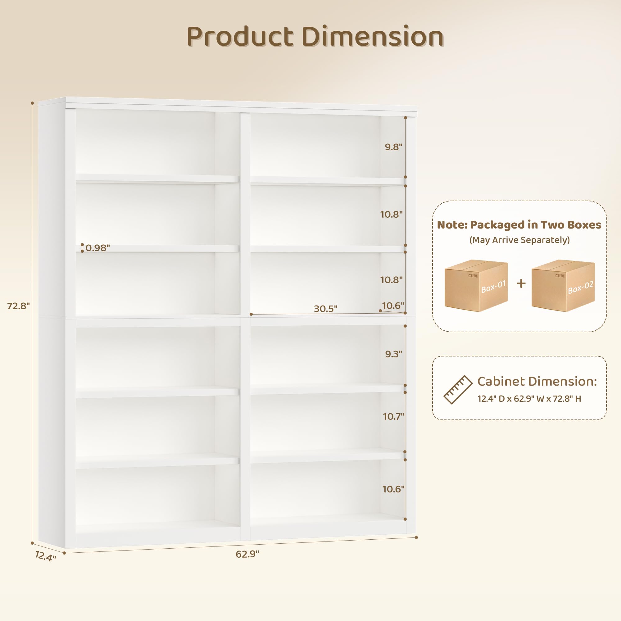 HOSTACK 63" W Open Book Shelf, 73" Tall Bookshelf with Storage, Modern White Bookshelf, Large Bookcase with 12 Display Shelves, 6 Tier Wooden Book Case for Living Room, Home Office, Library, White