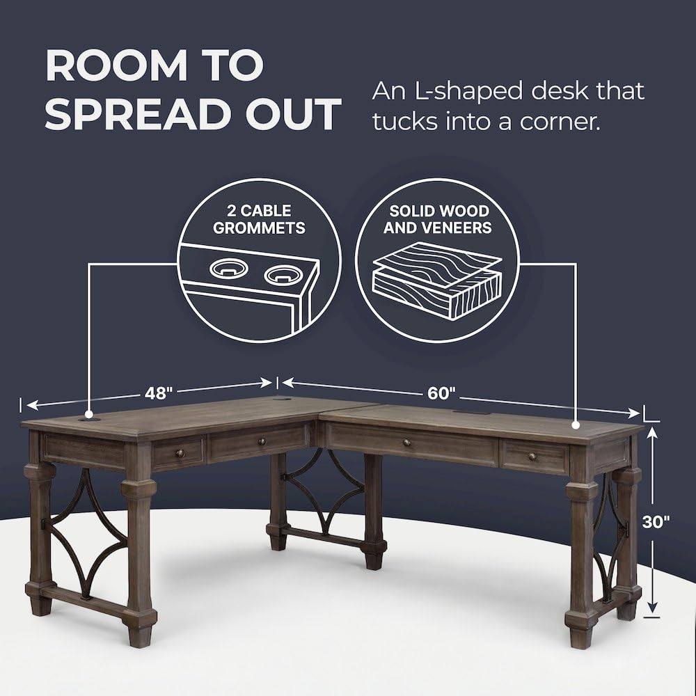 Martin Furniture Desk with Return and Drawers, Open L-Shape, Weathered Gray