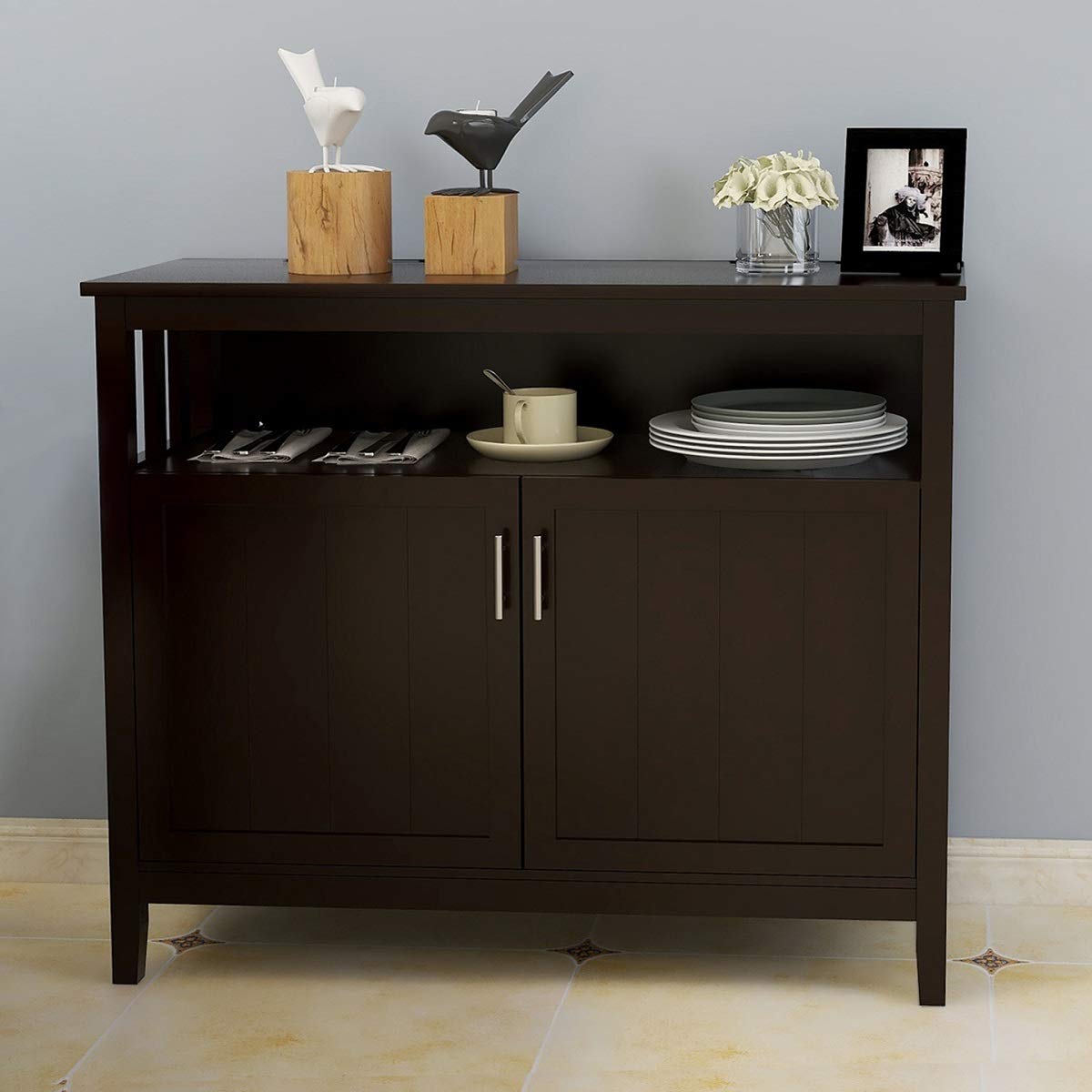 topbest Kitchen Storage Sideboard Dining Buffet Server Cabinet Cupboard, Modern Dining Storage with 2 Doors and Adjustable Middle Shelf for Kitchen, Bedroom, Dining Room (Brown)