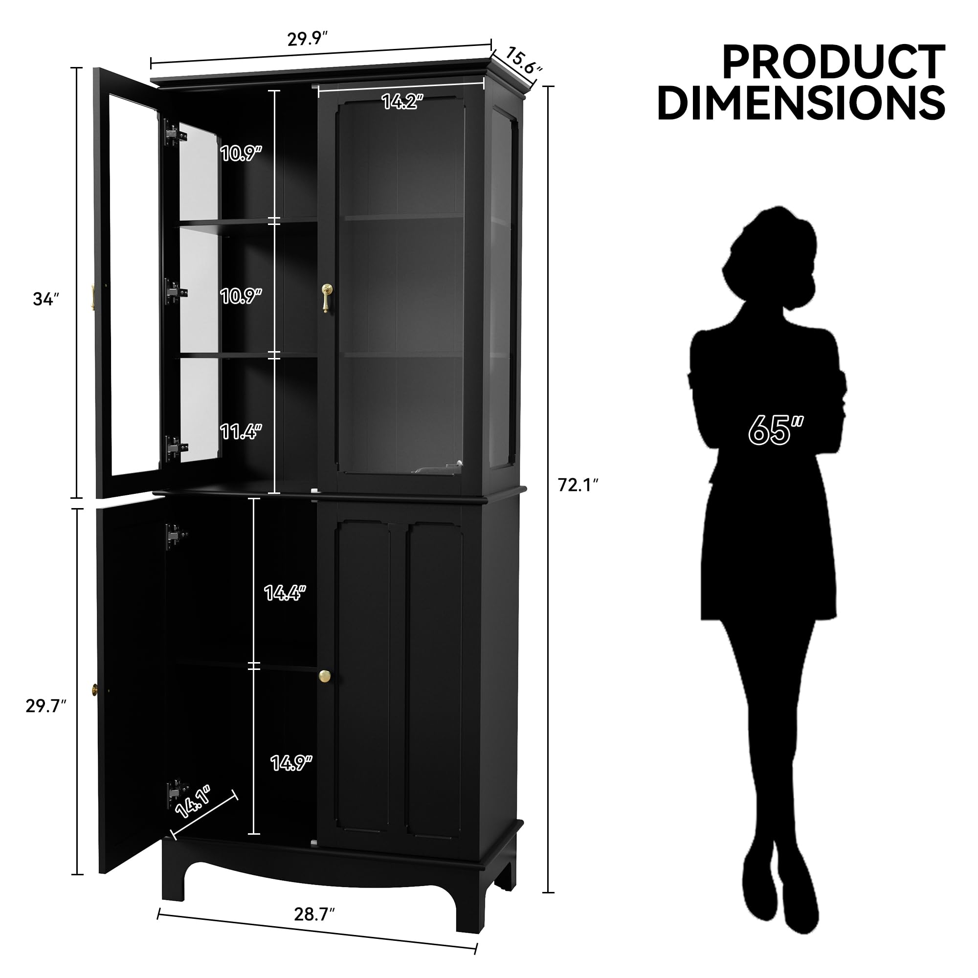 Glass Door Kitchen Pantry Cabinet with Adjustable Shelves
