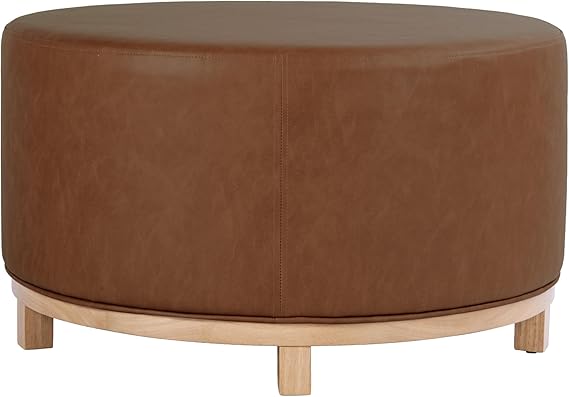 Round Upholstered Ottoman with Wood Base