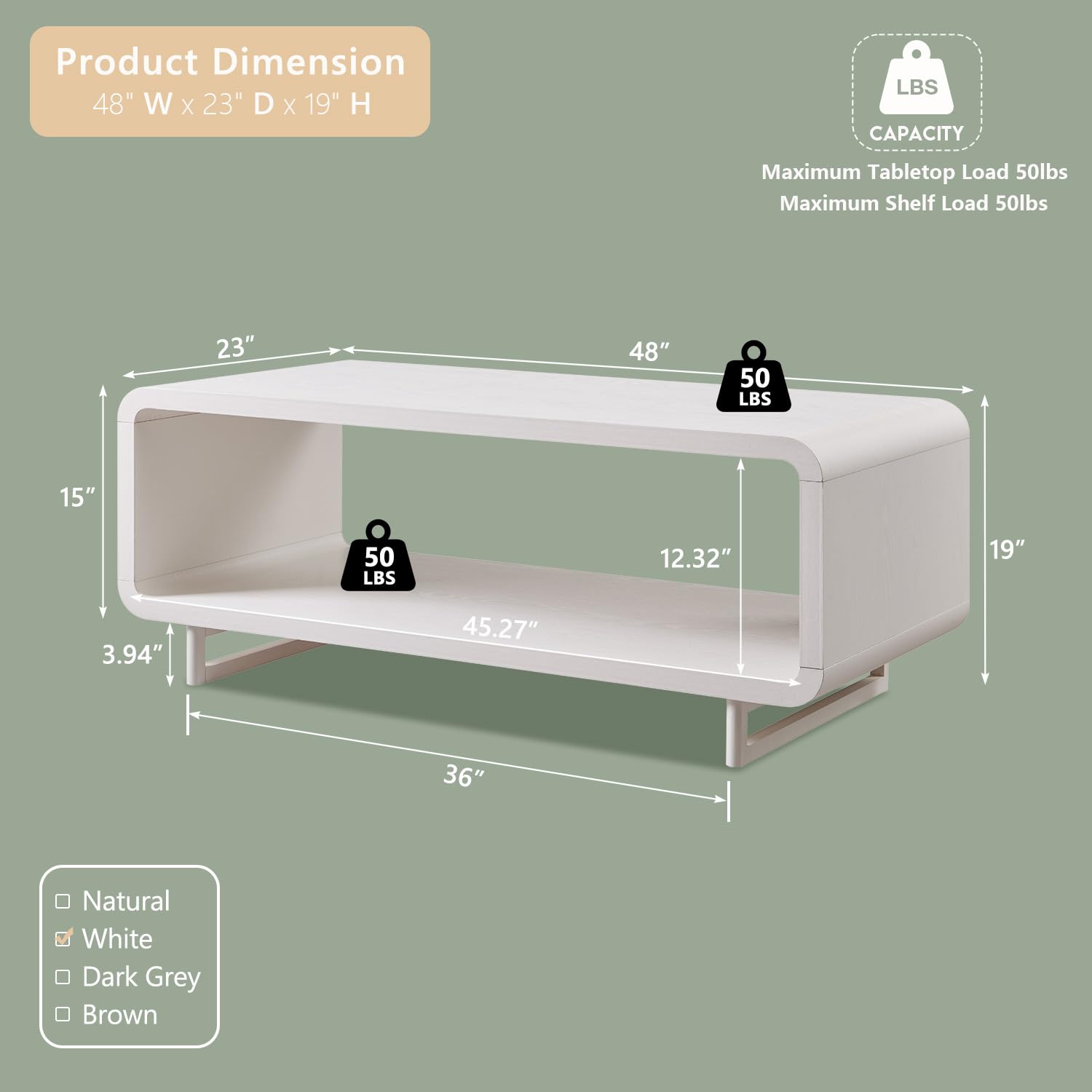 IFGET 48" Modern Coffee Table, 2-Tier Minimalist Center Table with Storage Shelf, Curved Profile Design, Wooden Rectangular Living Room Table w/Wood Thick Design for Living Room, Office, White