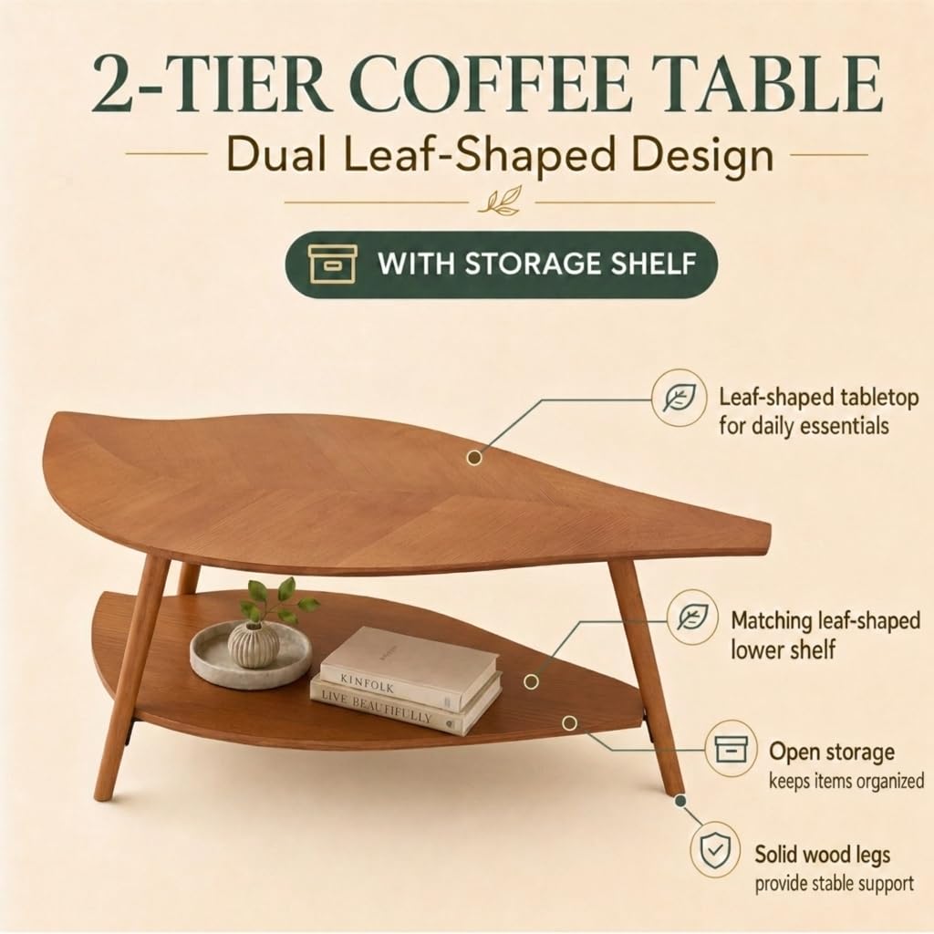 DURISEN Leaf Coffee Table with Storage,Mid Century Modern Coffee Table