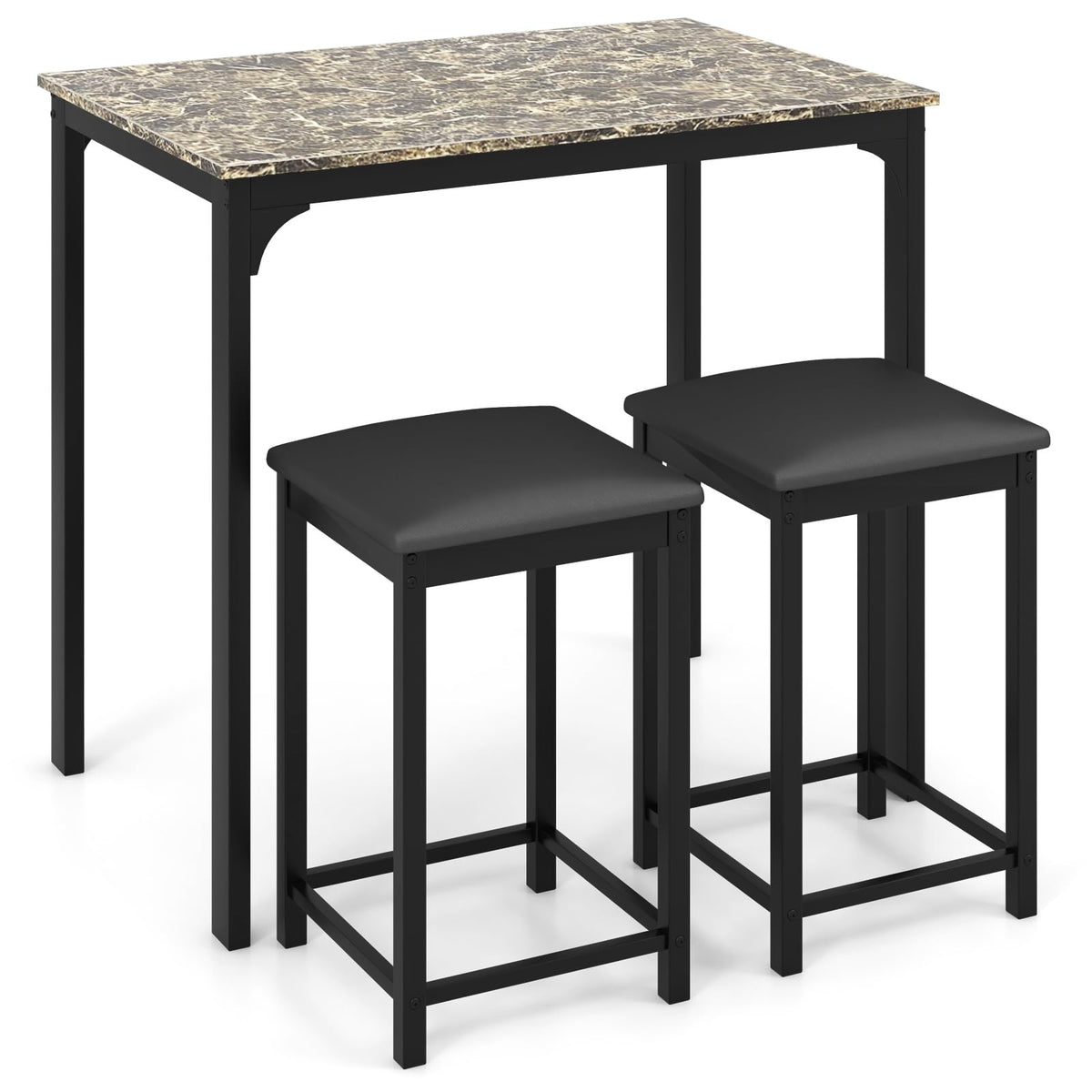 GIANTEX Dining Table Set for 2, Counter Height Bar Table with Faux Marble Pattern Tabletop, 2 Padded Bar Stools, Footrests, Metal Frame, Dinette Set for Kitchen Small Space Breakfast Nook Pub, Brown