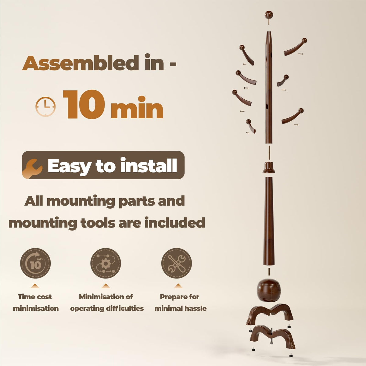 8-Hook Solid Wood Coat Rack