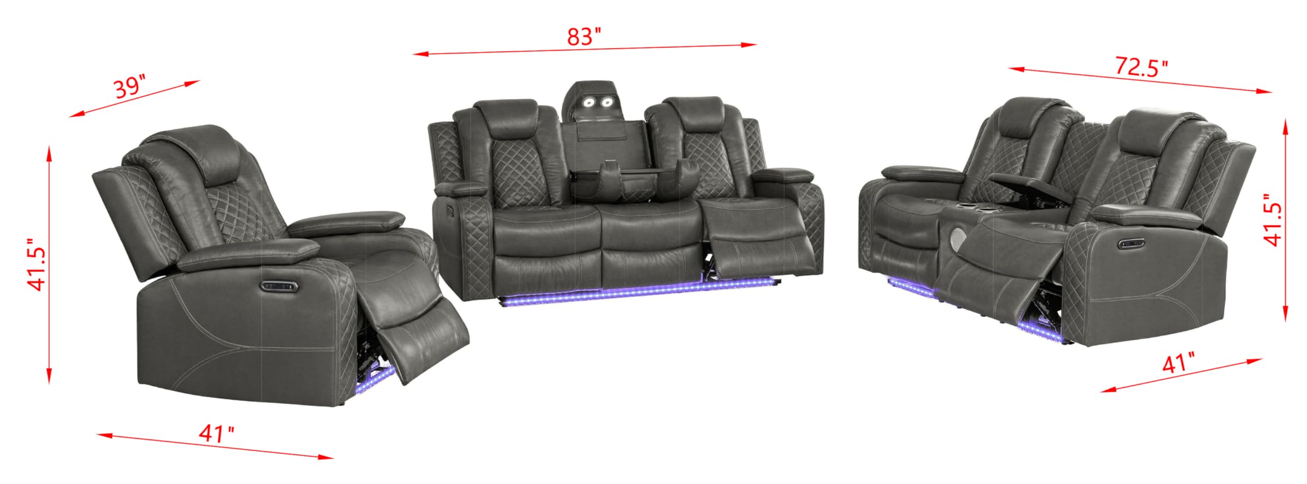 Power Recliner Sofa Set with LED & Bluetooth – 3-Piece