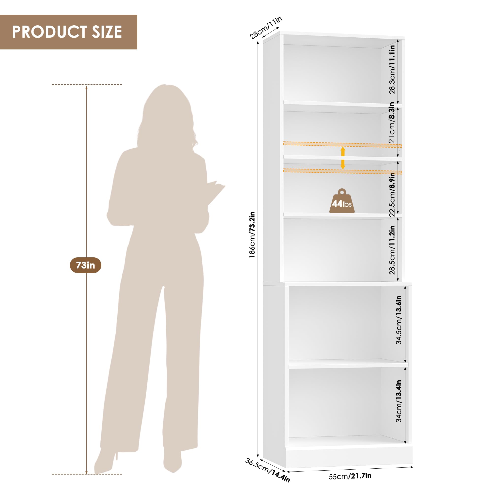FACBOTALL 73.2" Tall Bookshelf and Bookcase, 6-Tier Open Bookshelf with Storage, Deep Bookshelf with Adjustable Shelf, Freestanding Display Storage Shelves for Living Room, Home Office, Study, White
