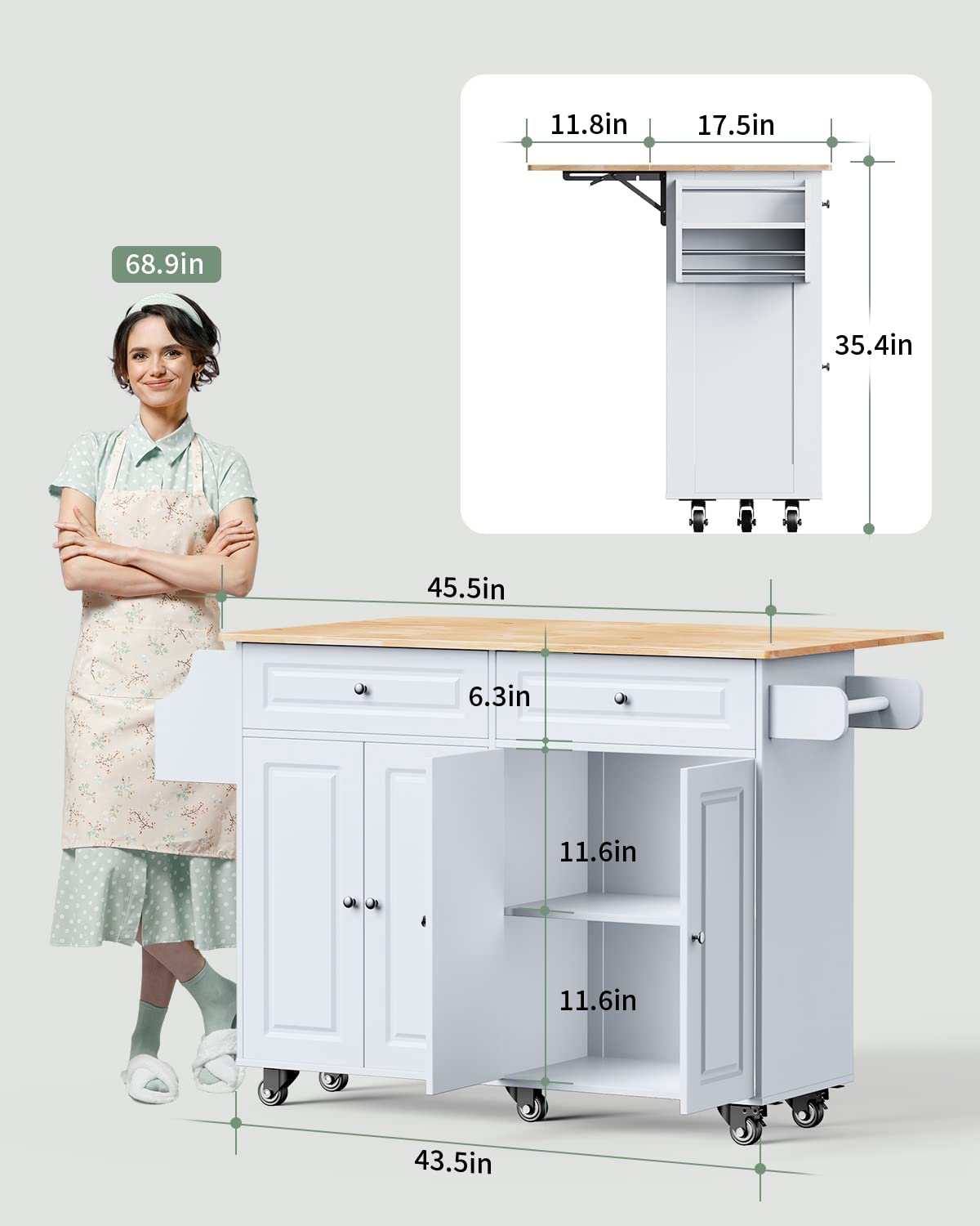Kitchen Island Cart with Rubber Wood Top, Storage Cabinets & Drawers