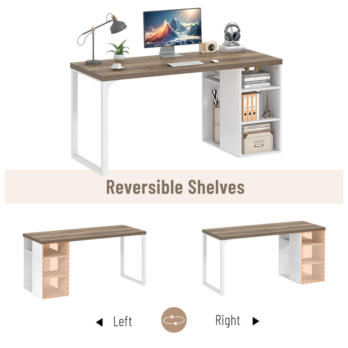 EXCEFUR Modern Computer Desk for Home Office, PC Gaming Desk with Reversible Storage Shelves, Study Writing Table Workstations for Living Room, 53 Inch, Rustic Oak and White