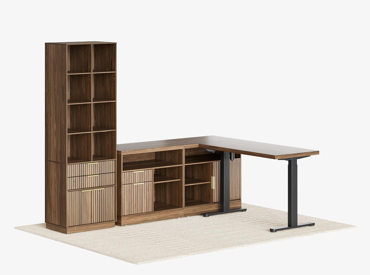 Perledesign Home Office Furniture Set, 48'' Standing Desk with 73'' Bookshelf, Electric Height Adjustable Desk with 2 File Cabinet, Bookcase with Doors, Fluted Office Furniture Sets, Black Walnut