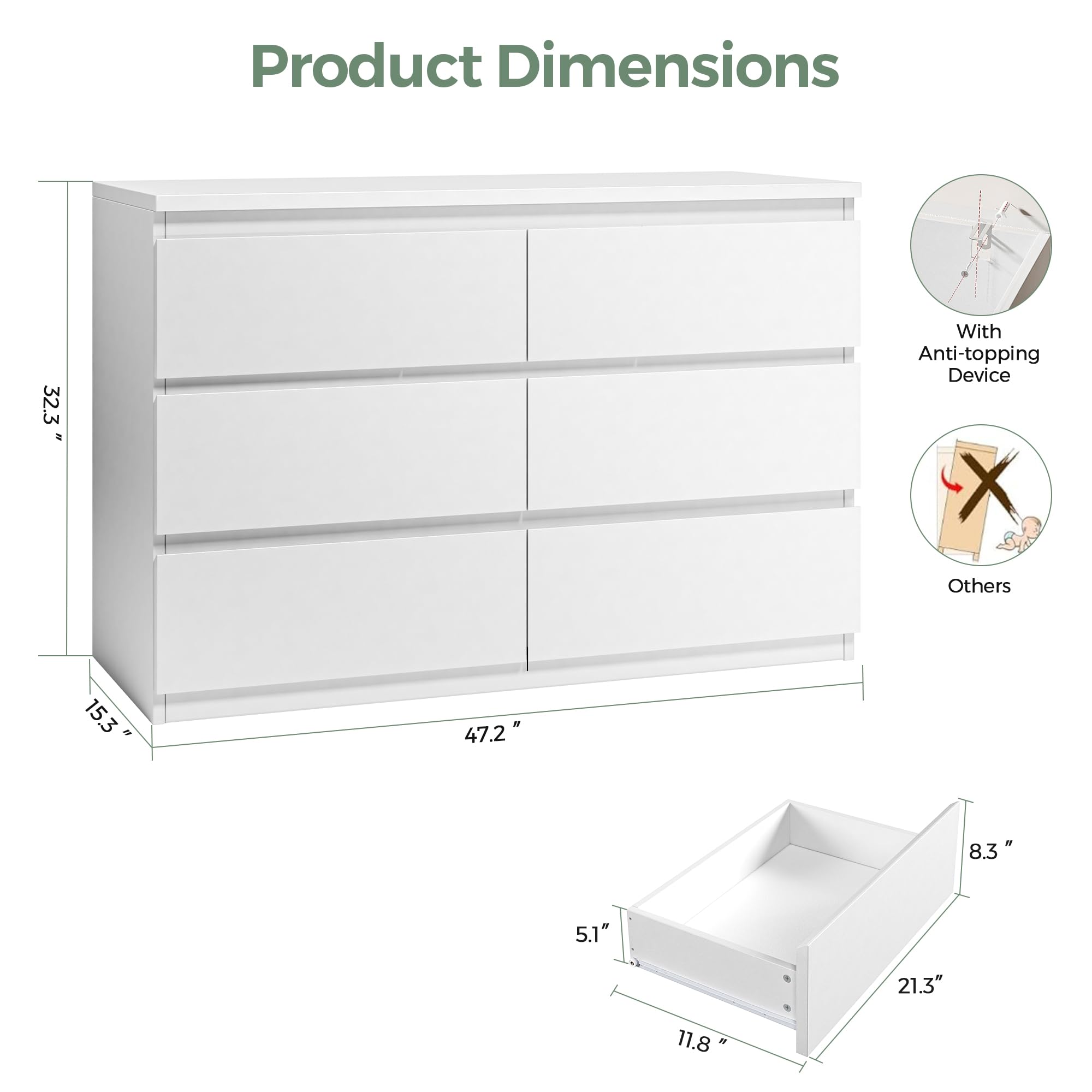 Orgobysol 6 Drawer Double Dresser for Bedroom, Modern Simply Chest of Drawers, Wood Storage Dresser with Anti-Tipping for Living Room Hallway Entryway, Nursy White (15.3" D x 47.2" W x 32.3" H)