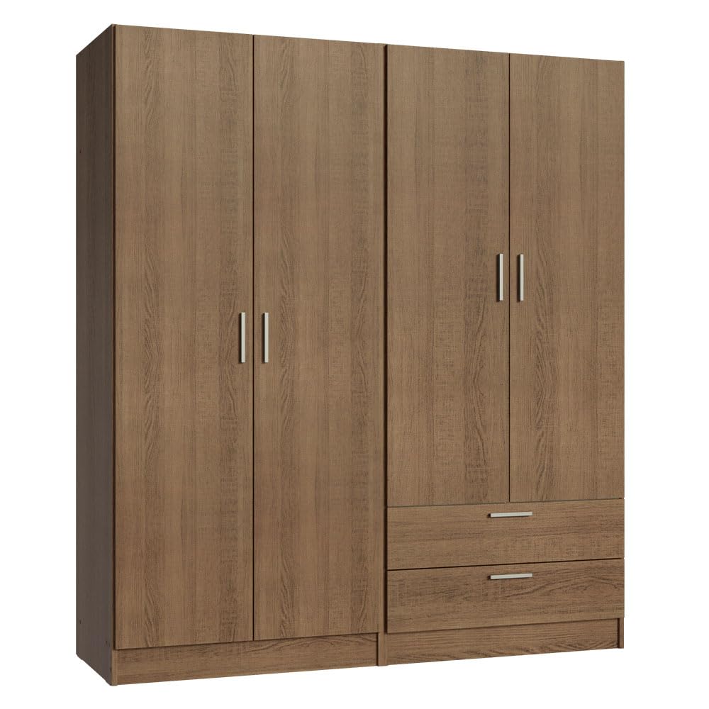Madesa 4 Doors 2 Drawers Wardrobe Set Armoire Closet Bedroom Storage Cabinet with Shelves and Hanging Space 63" L Wooden Clothing Organizer Unit - Rustic