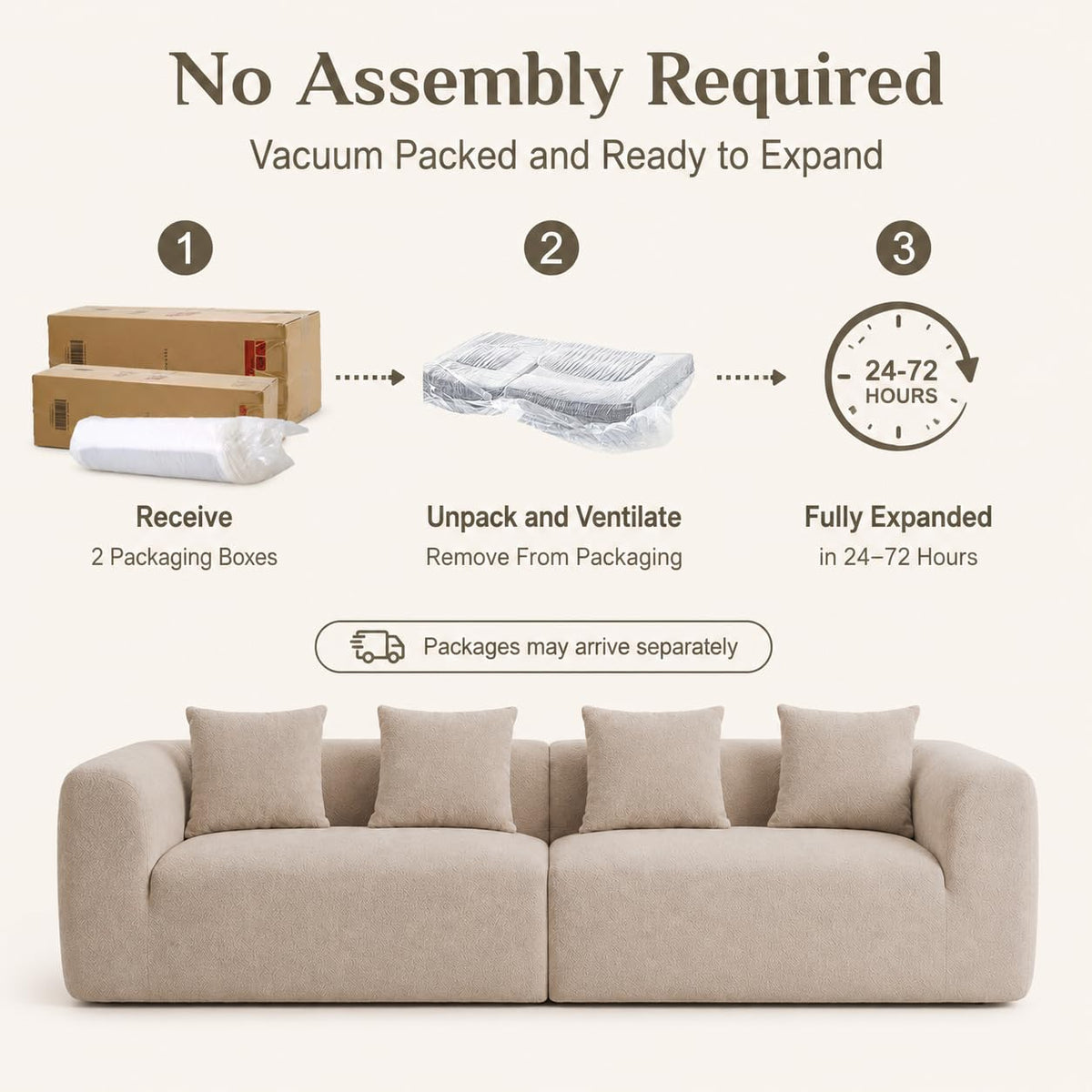 120" Curved Sofa Sectional Modern Boneless Cloud Couch, Light Brown