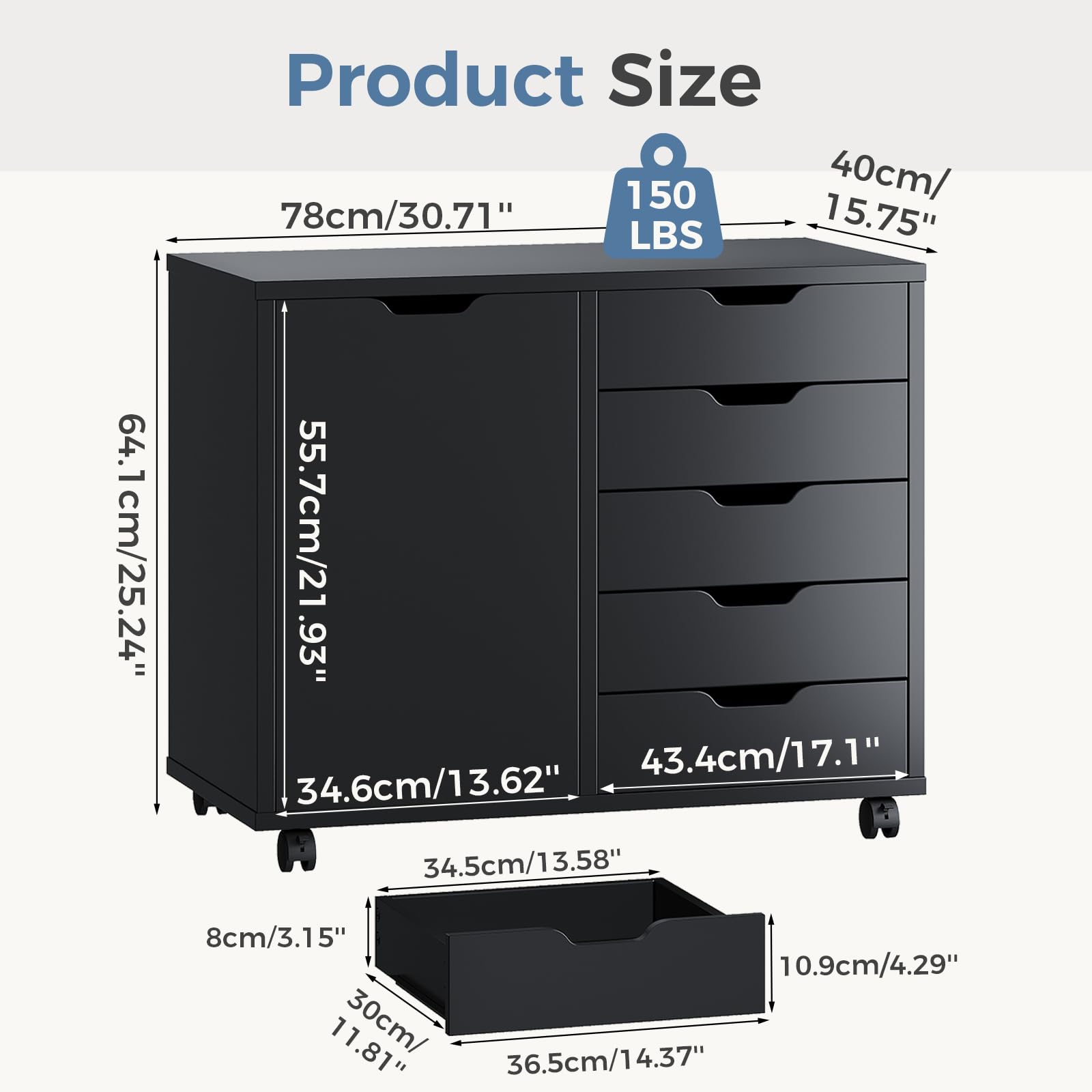 5-Drawer Rolling File Cabinet with Shelves & Door