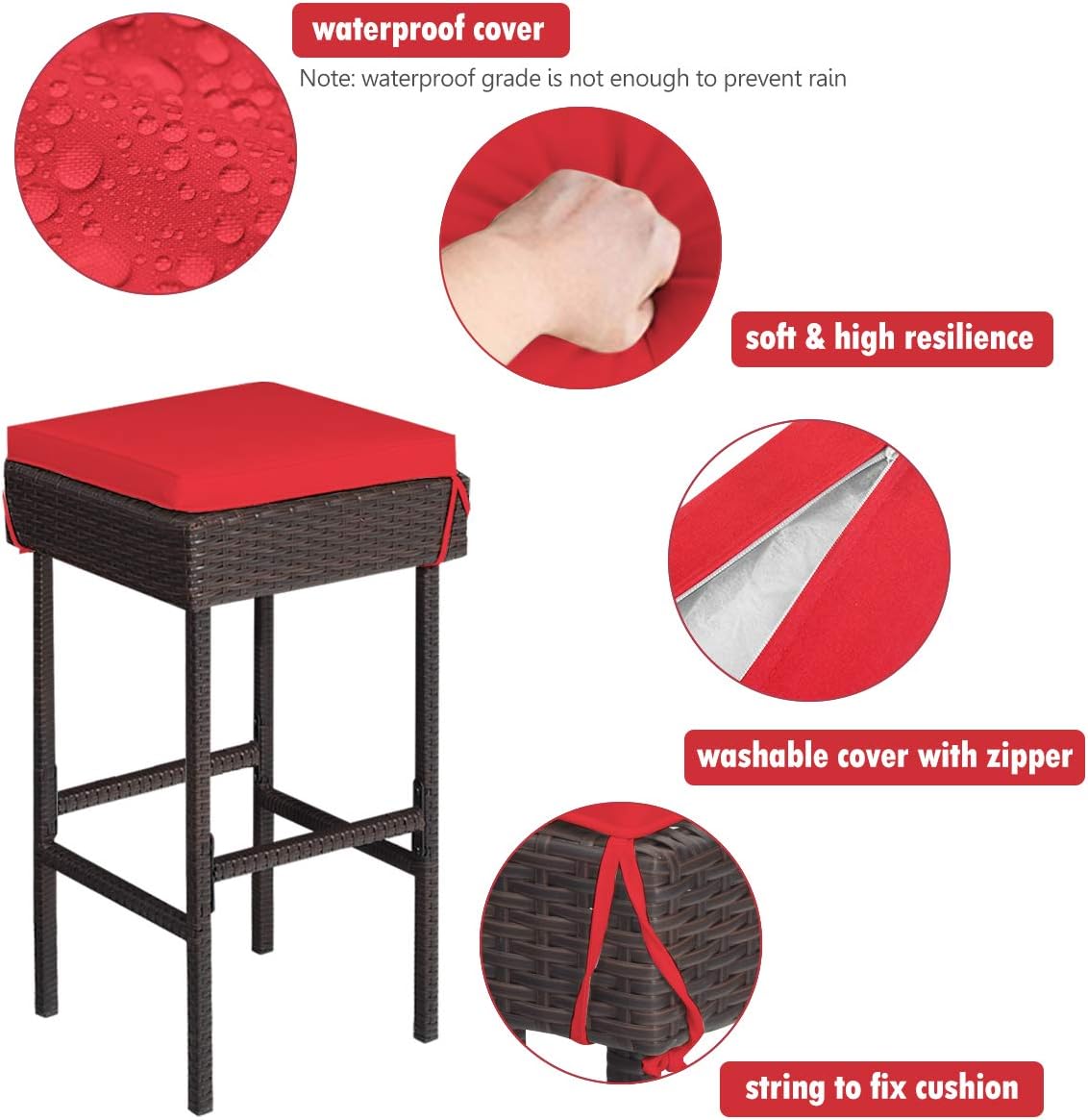 DORTALA 3 Pieces Rattan Patio Bar Table & Stool Set, Patio Furniture Set with Cushion for Lawn Pool Backyard Front Porch, Red