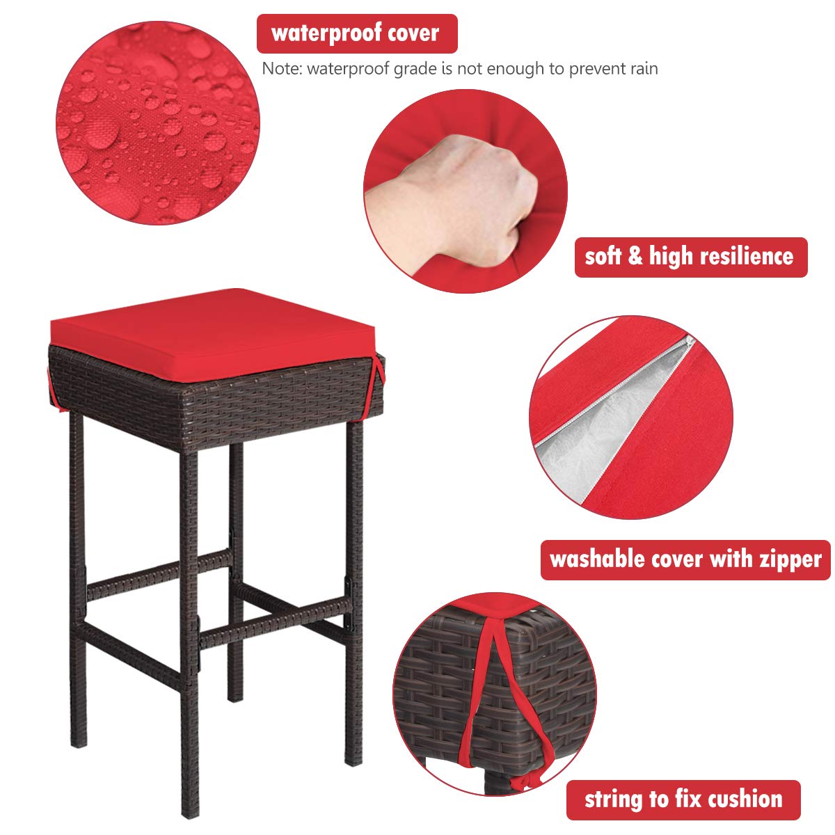 DORTALA 3 Pieces Rattan Patio Bar Table & Stool Set, Patio Furniture Set with Cushion for Lawn Pool Backyard Front Porch, Red