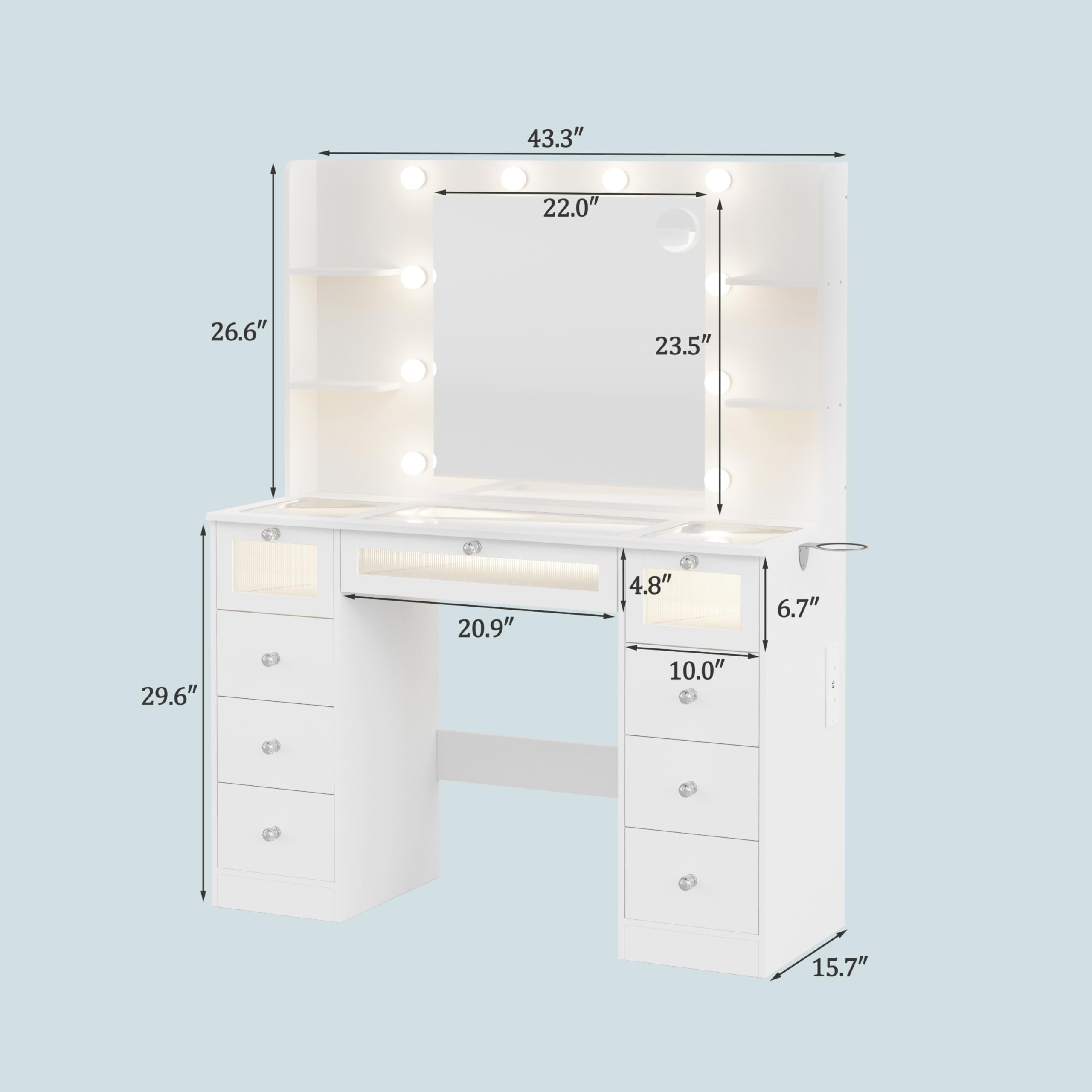 VQRhome White Vanity with Lighted 23.5” Mirror, Glass Top Vanity Desk with 9 Drawers & 3 Color Hollywood Bulbs & 4 Shelves & Acrylic & Power Outlet, Makeup Desk Dressing Table for Bedroom