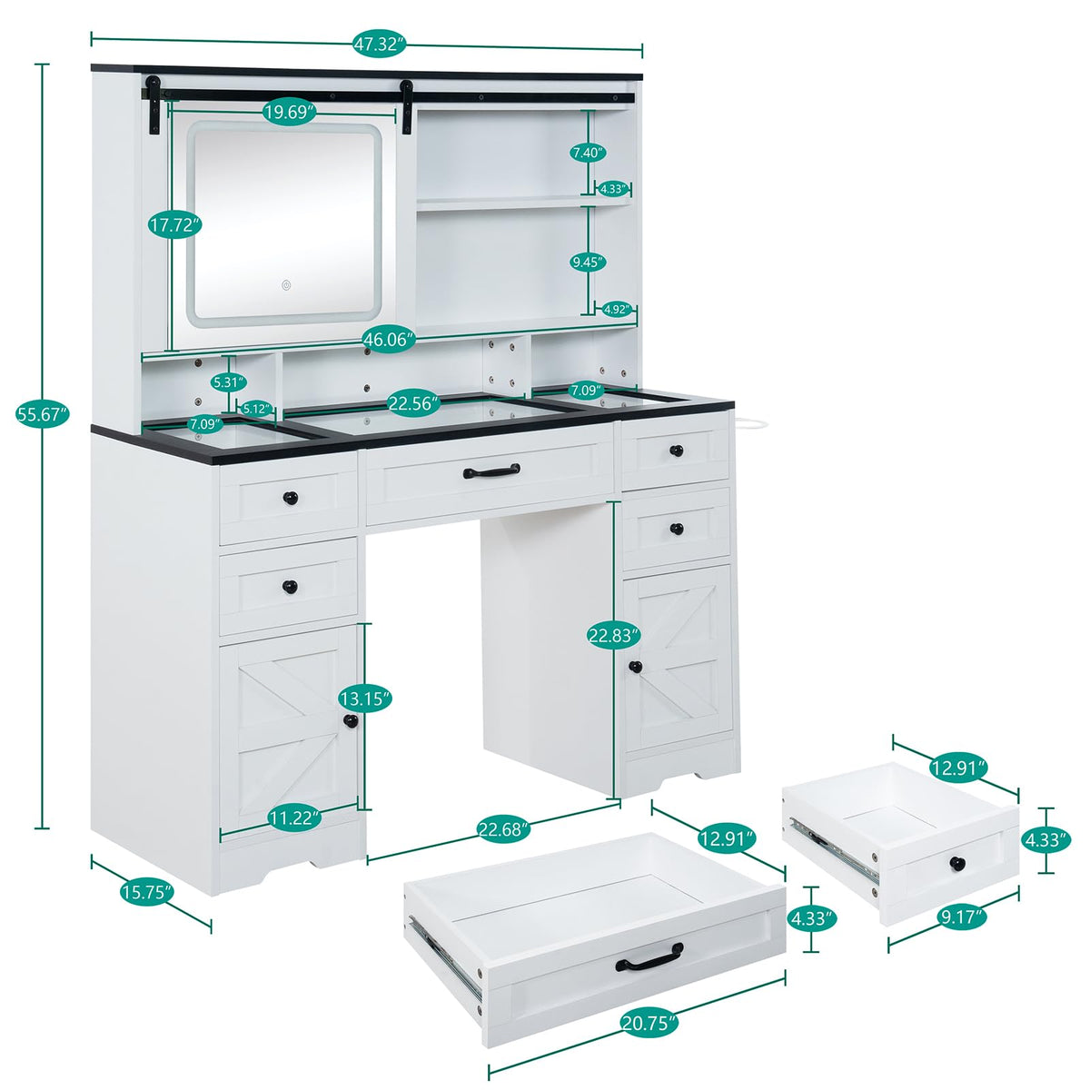 Glass Top Makeup Vanity with LED Mirror
