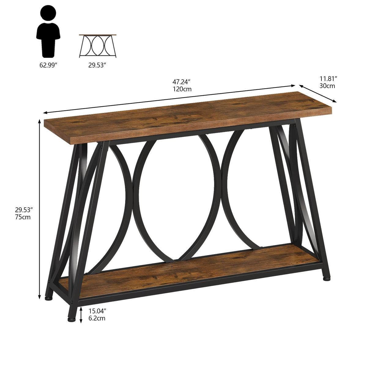 GiftGo 47.24" Entryway Console Table, Industrial Sofa Table Behind Couch with Shelves, 2 Tier Narrow Wood Accent Table with Metal Frame for Living Room, Entrance, Hallway, Foyer, Rustic Brown
