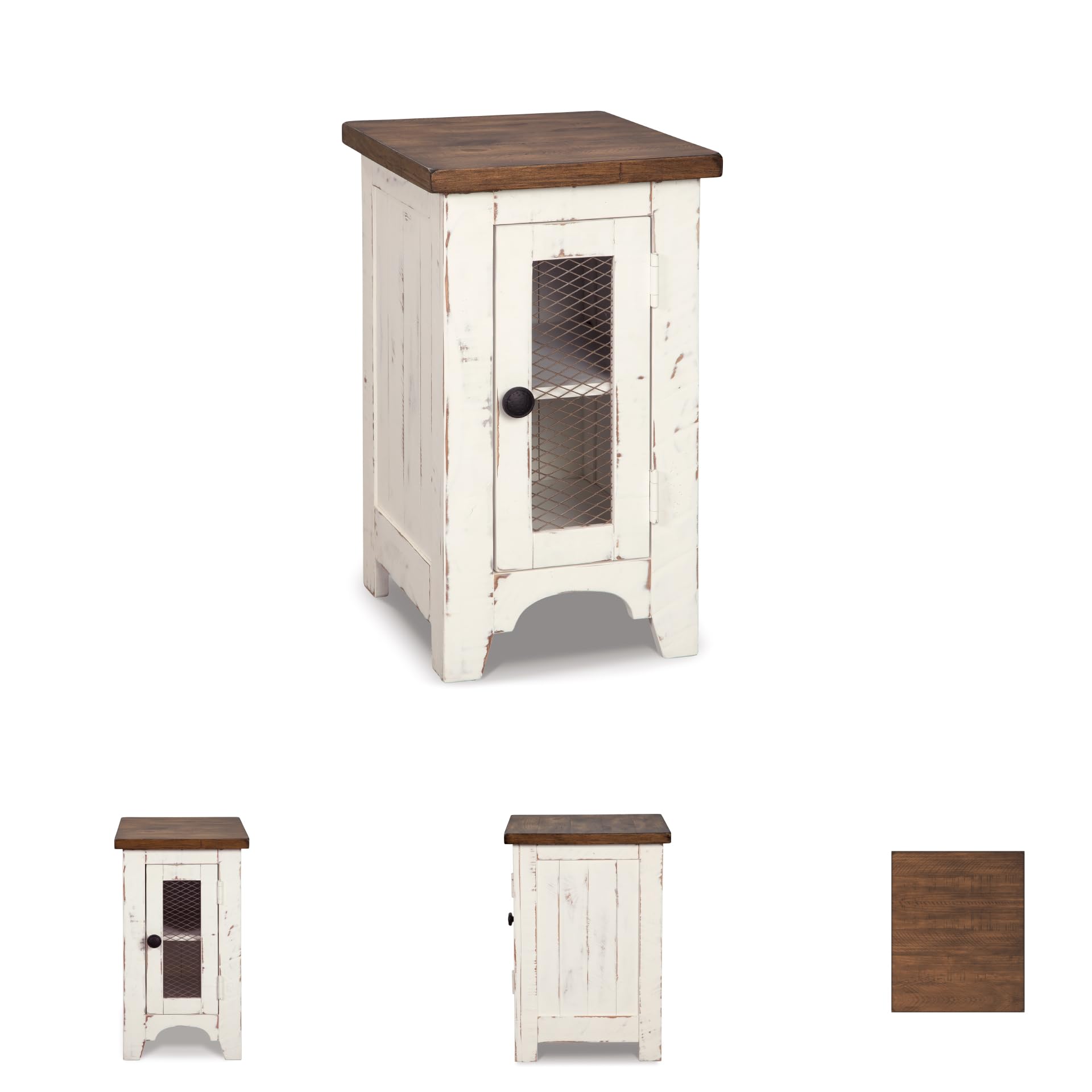 Farmhouse Chairside End Table with Cabinet Door & Metal Grill