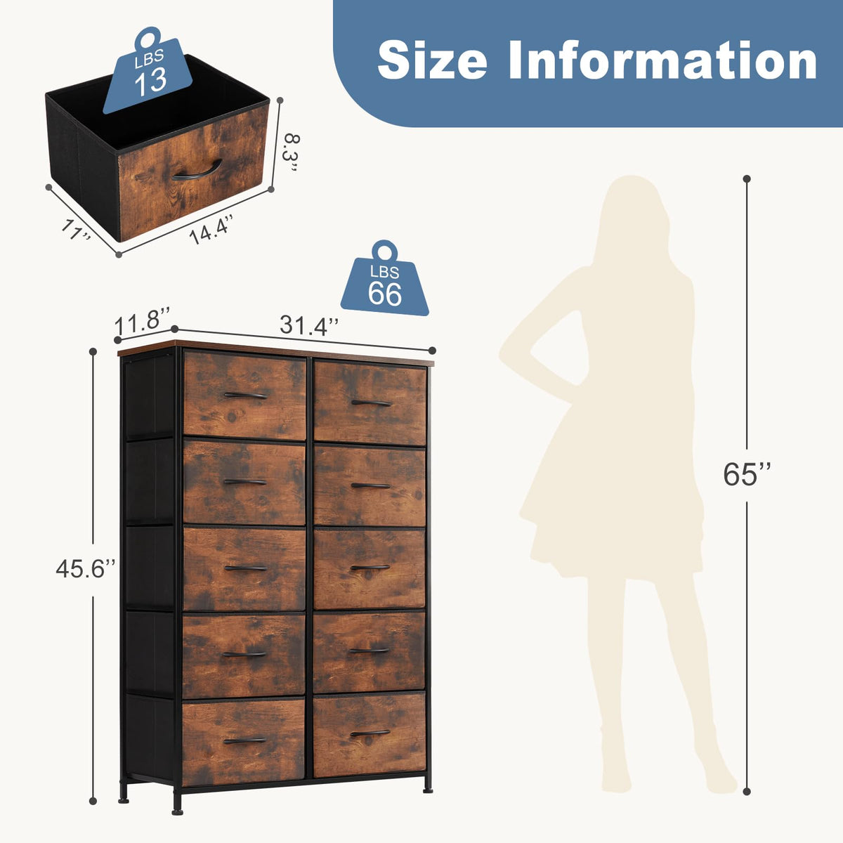 DUMOS 10 Drawer Tall Dresser for Bedroom & Living Room, Brown
