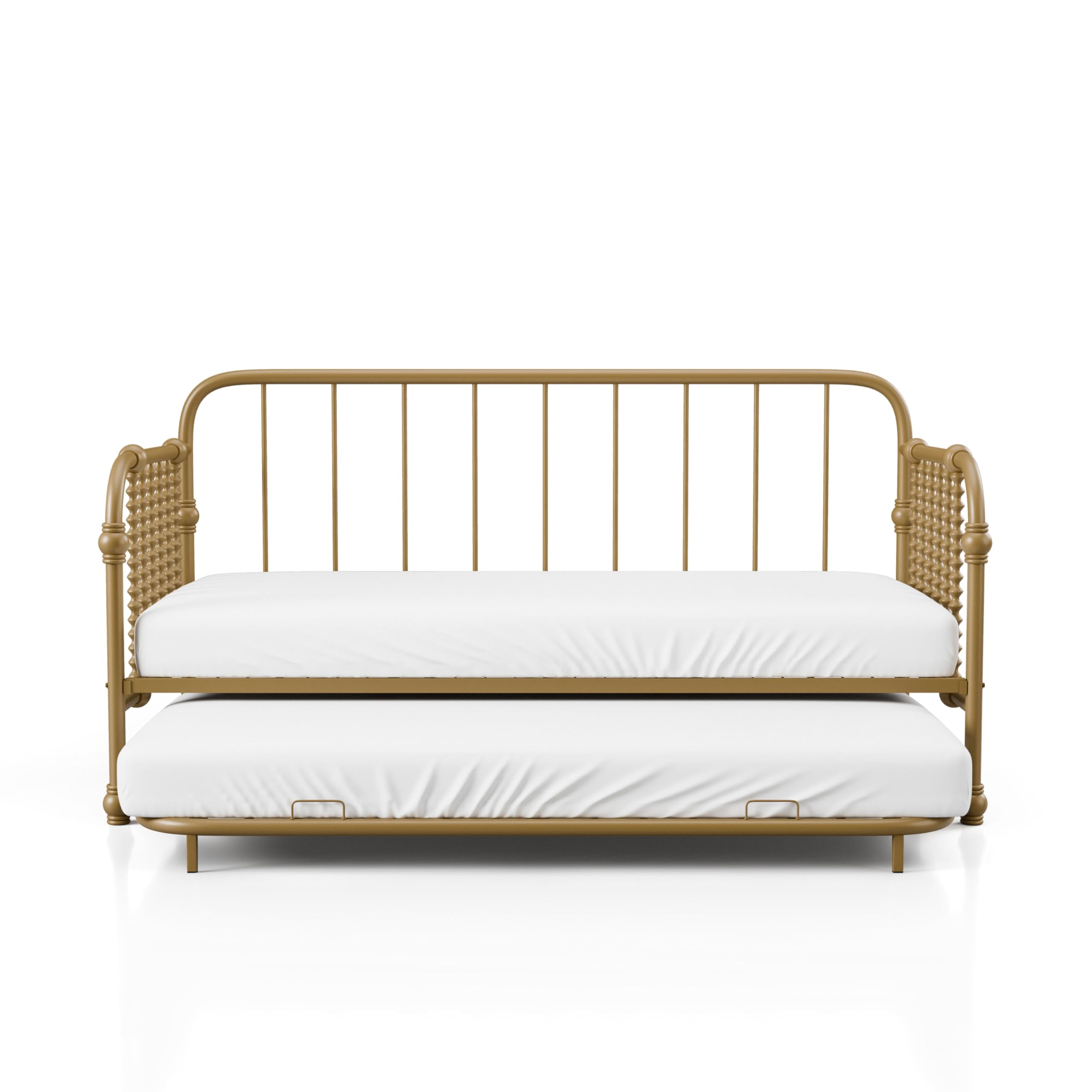 Furniture of America Wren Modern Metal Twin Size Daybed with Trundle and Wheels, Sofa Bed with Spindles and Checker-Box Frame for Living Room, Bedroom, Guest Room, Gold