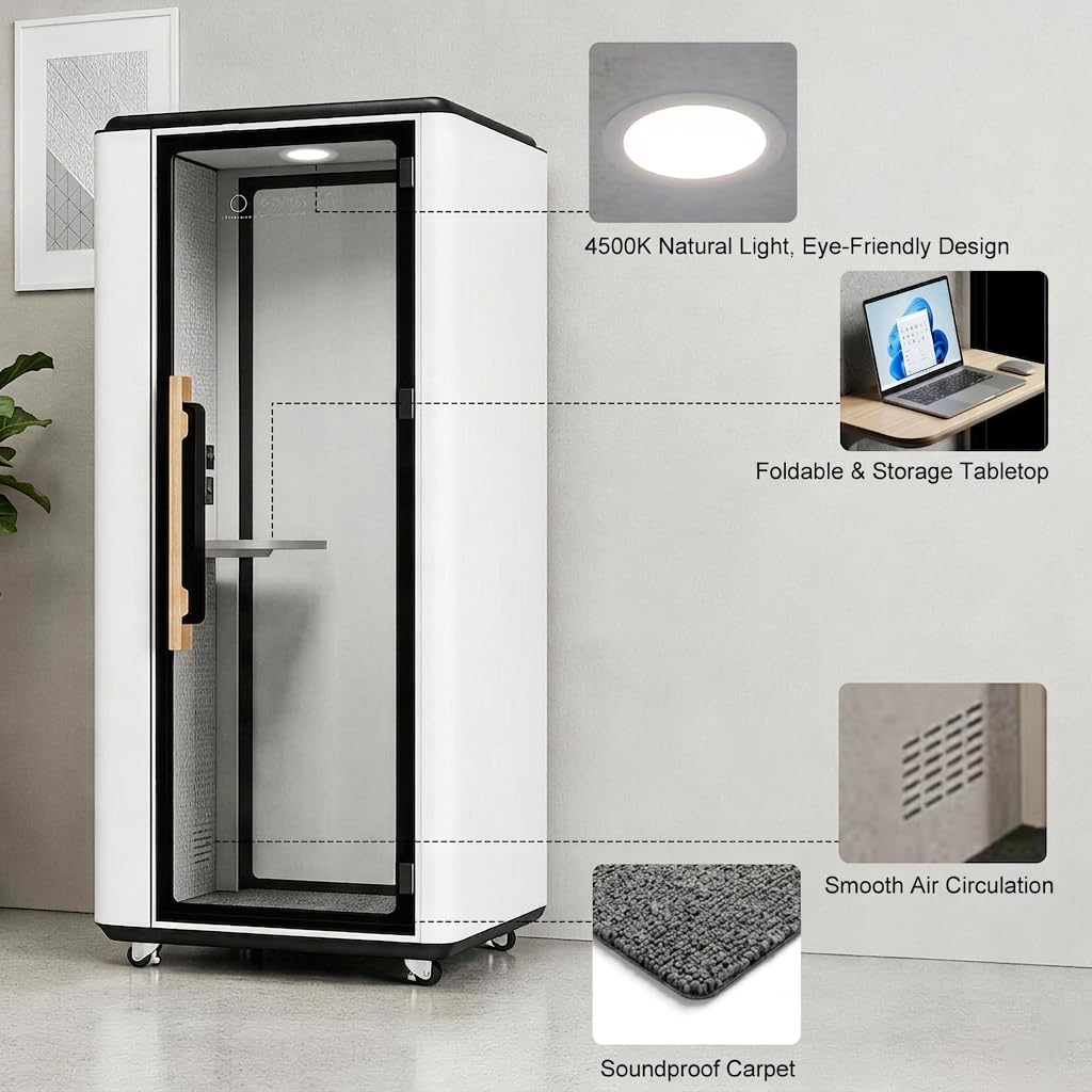 VESTAEL Soundproof Office Pod Booth, Quiet Meeting Pod with Acoustic Panels, Portable Modular Pod, Privacy Booth for Private Phone Calling Mobile Roller with Desk, LED Light, Fans and AC USB Ports