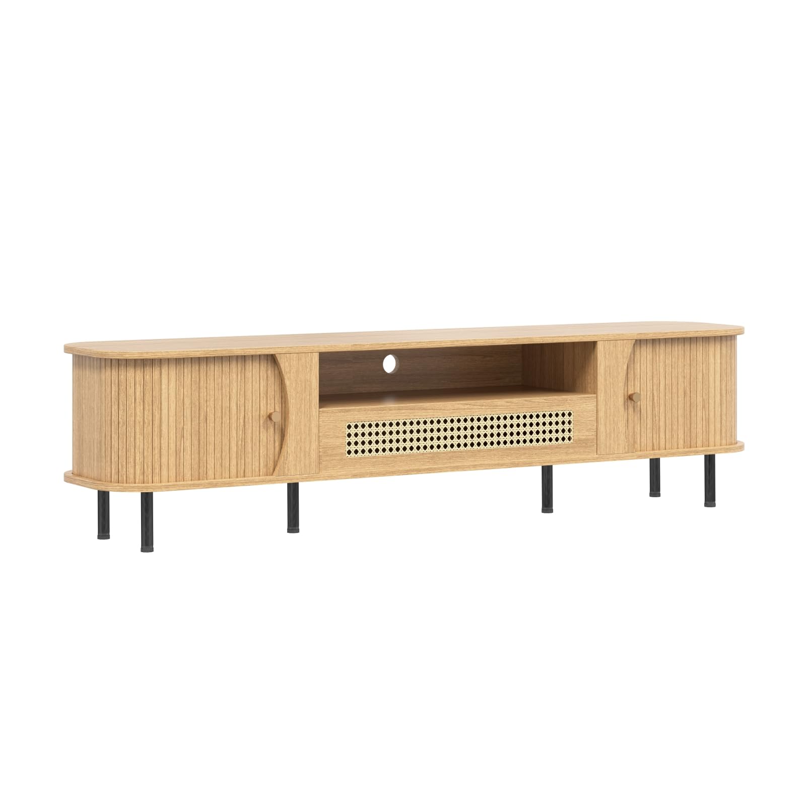 basenji 71" Mid Century Modern TV Stand, Wood TV Consoles with Sliding Doors and Rattan Door, Entertainment Center with Adjustable Shelves, Fluted TV Stands for Living Room, Wood