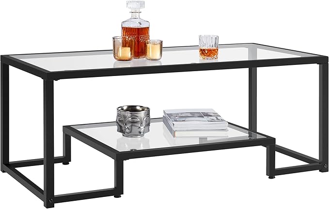 2-Tier Rectangular Glass Coffee Table with Metal Frame