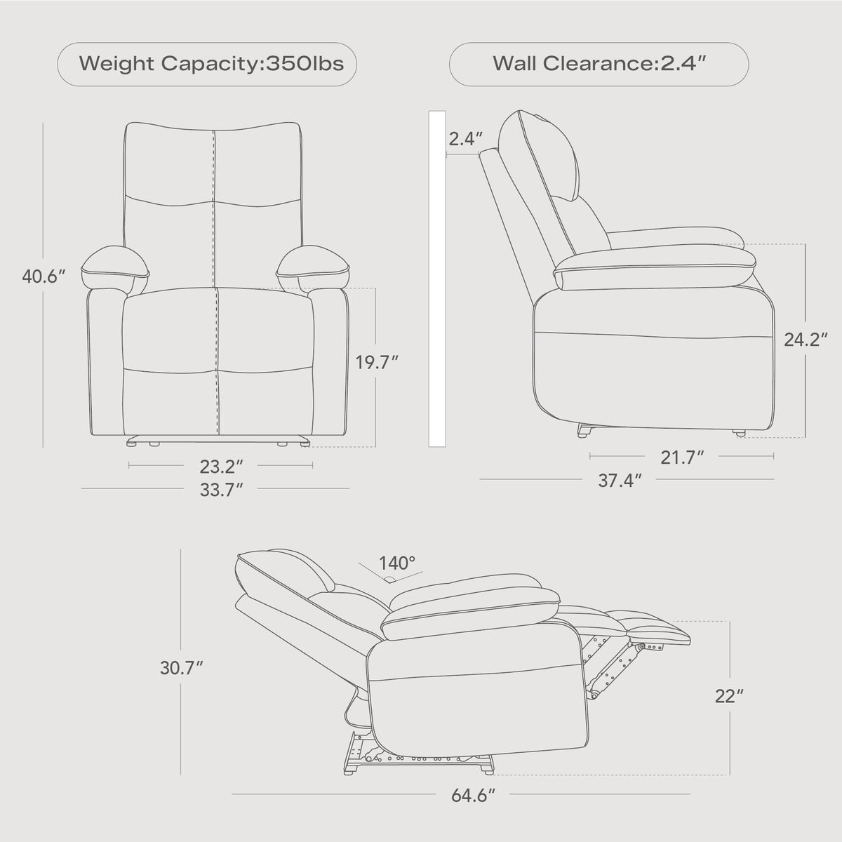 Watson & Whitely Wide Wall Hugger Manual Recliner Chairs, Light Gray