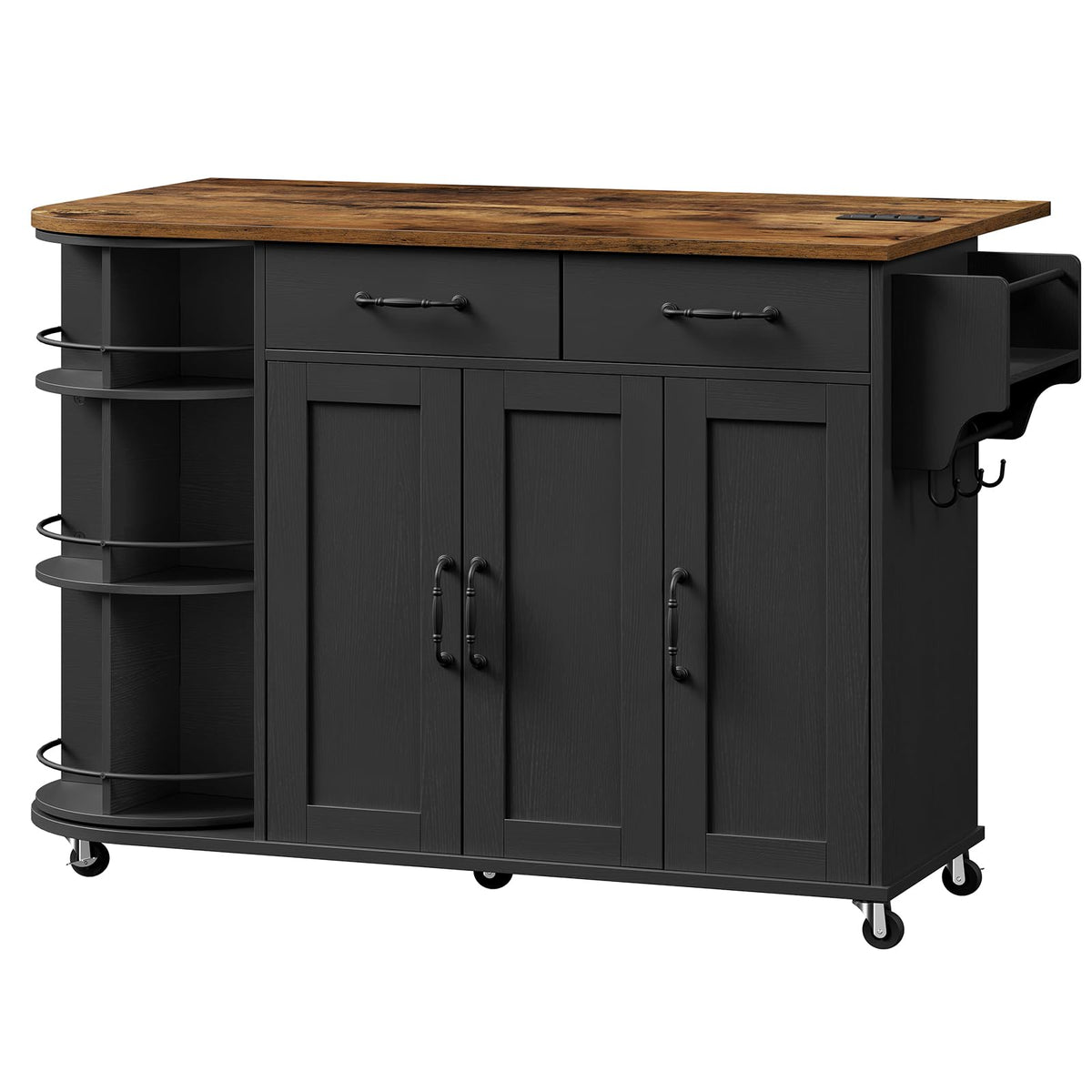 RALGEND Kitchen Island with Power Outlet & Drop Leaf, Kitchen Rolling Island with Rotating Organizer, Kitchen Island Cart with Storage Cabinet, Mobile Island Table for Kitchen, Black and Rustic Brown