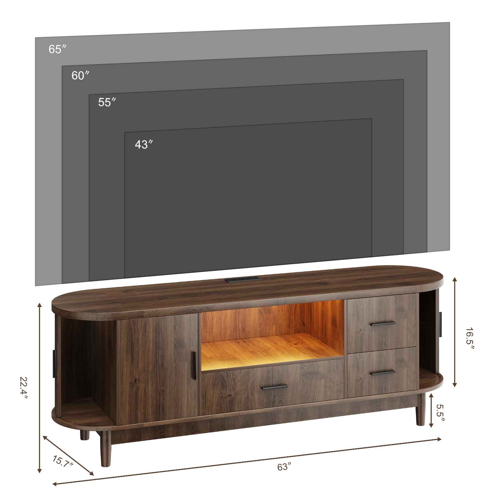 63" Mid-Century Modern TV Stand with LED Lights & Power Outlet