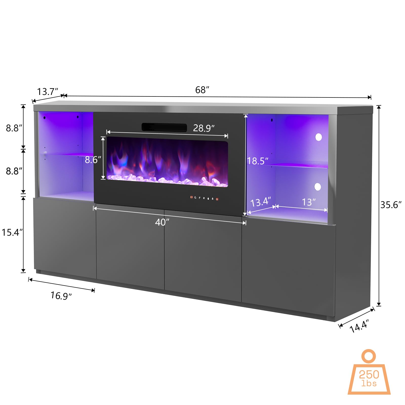 68" Fireplace TV Stand with LED Lights