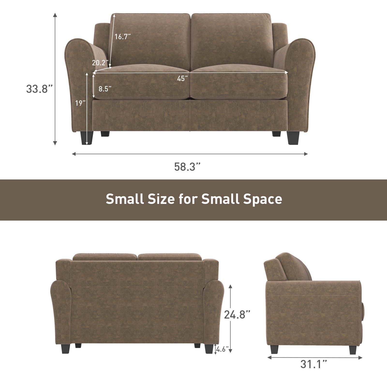 Bonzy Home 58" Brown Loveseat Sofa Couch for Living Room, 2 Seater Love Seat for Small Spaces, Modern Couch with Thick Cushion for Home Apartment Office