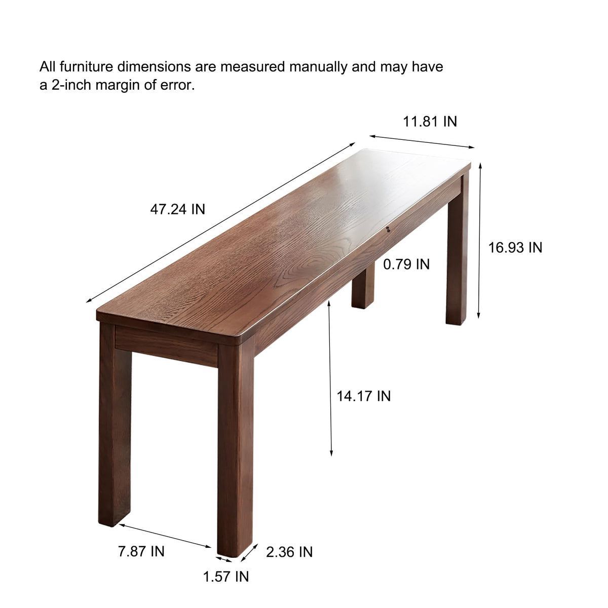 47.2" Solid Oak Wood Dining Bench, Walnut