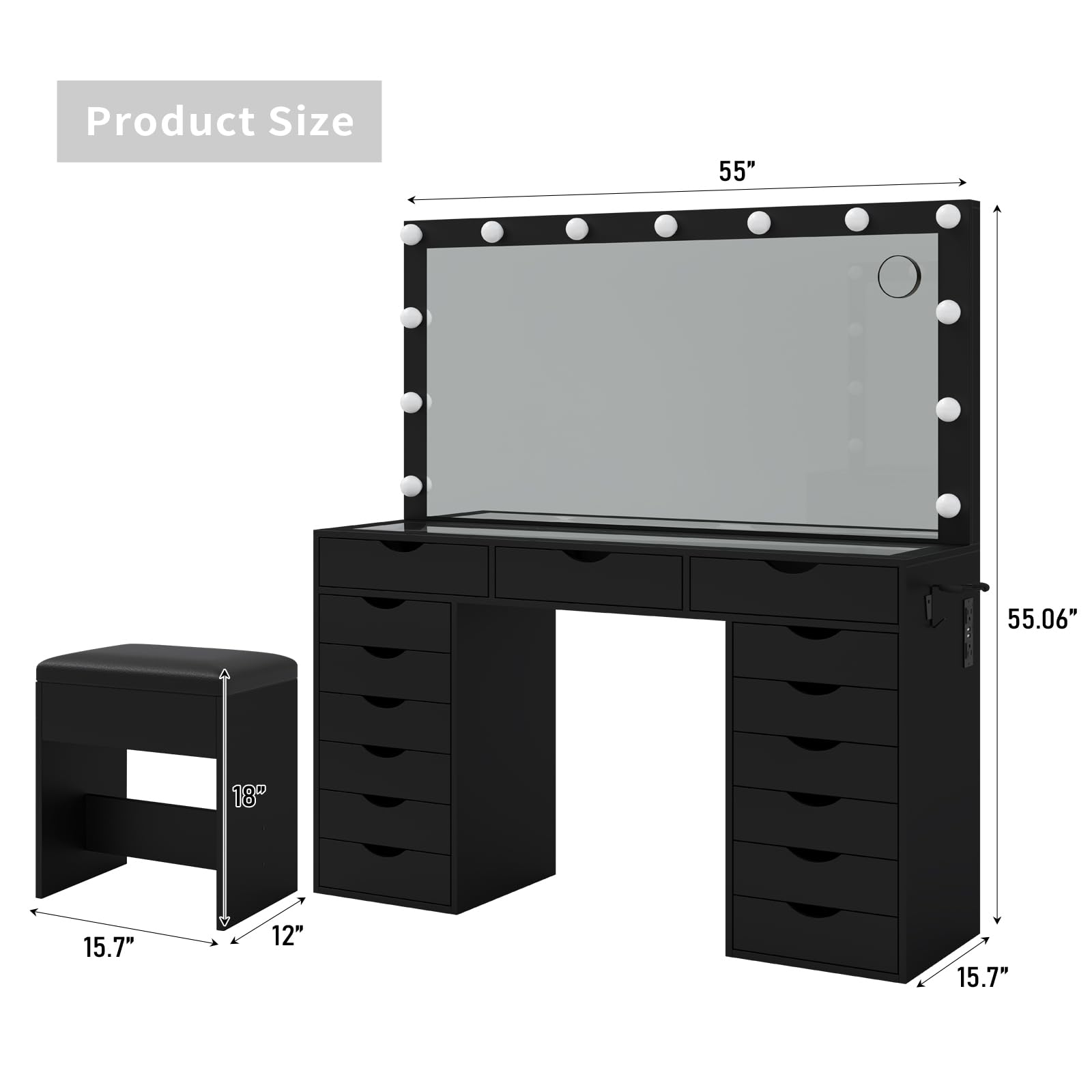 Yanosaku 15 Drawers Vanity Desk with Power Outlet, Makeup Table with Mirror and 13 LED Lights, 3 Color Lighting Modes, Brightness Adjustable, Glass Top Dressing Table, Vanity Set for Bedroom, Black