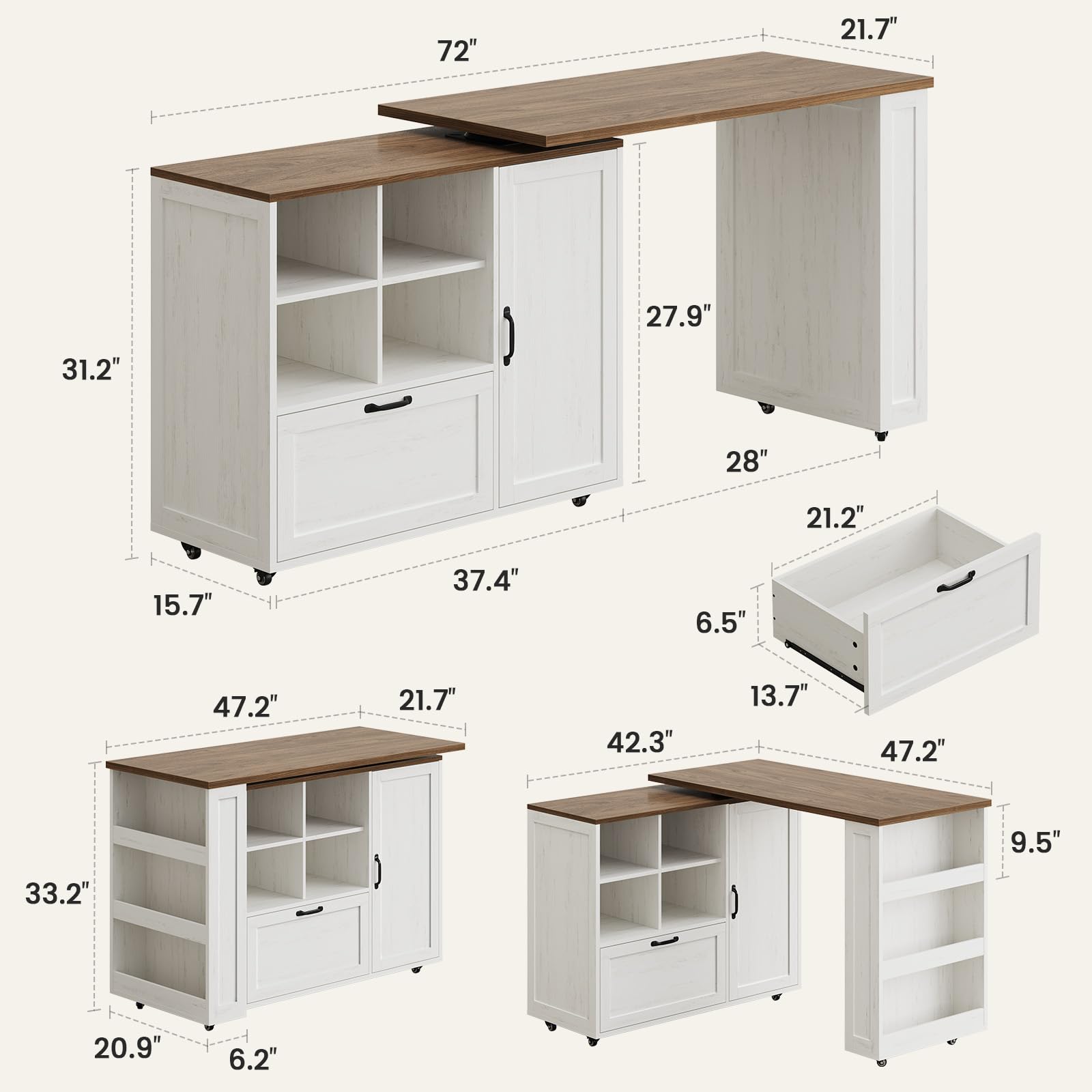 PIXOURA 72" Rolling Kitchen Island Cart with 360° Swivel Tabletop & Power Outlet, Farmhouse Mobile Kitchen Island Storage Cabinet on Wheels with Drawers, Spice Rack for Dining Room,Home Bar,White