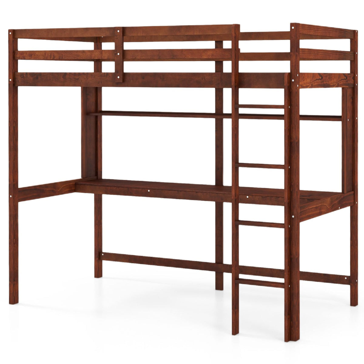 KOMFOTT Twin Loft Bed with Desk, Wood Loft Beds for Kids with Ladder, Solid Pine Wood Frame & Safety Guardrails, No Box Spring Needed, Space-Saving High Loft Bed Frame for Home, Dorm, Brown