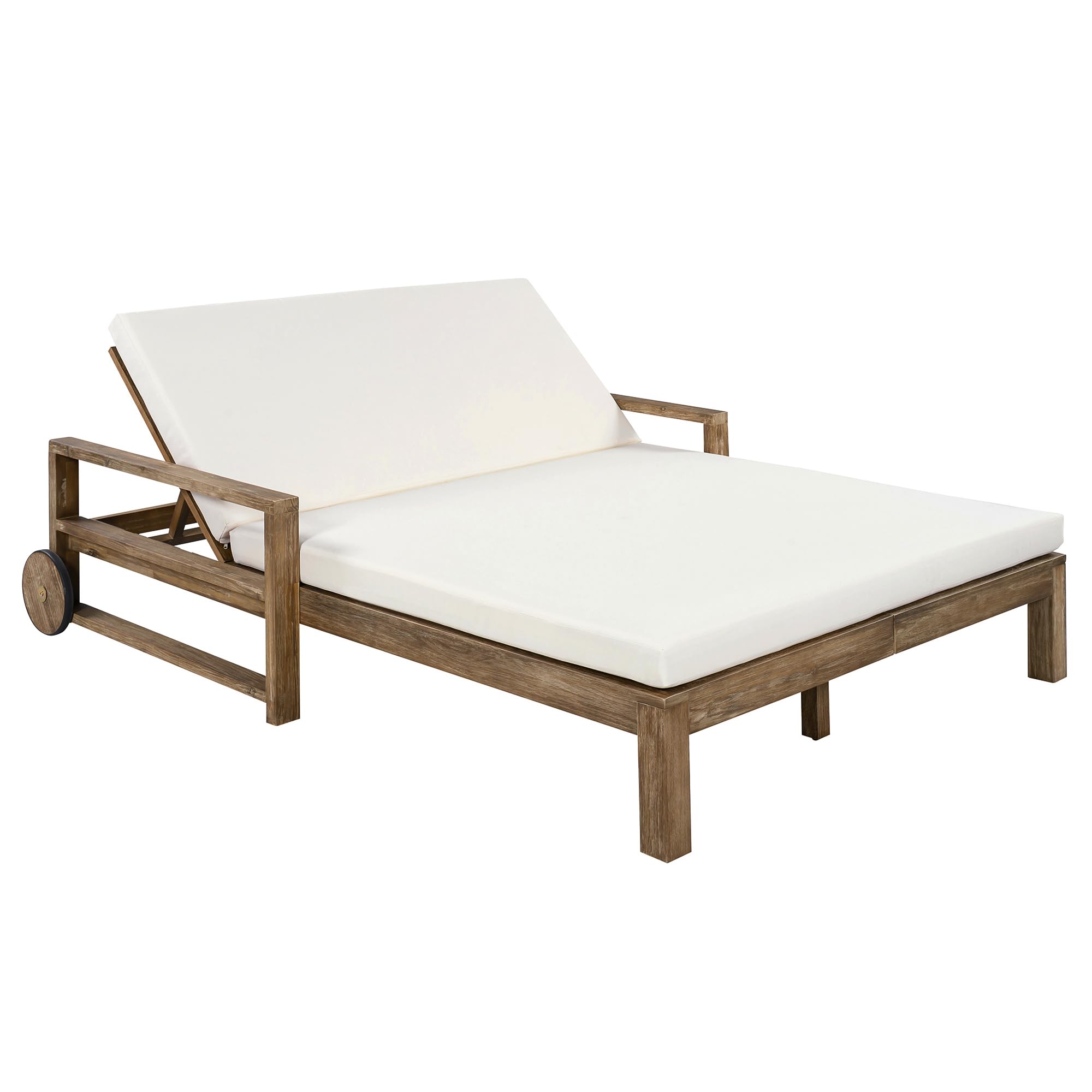 Merax Acacia Wood Outdoor Daybed Sofa, Farmhouse Patio Sun Lounger with Adjustable Backrest, High-Density Cushions & Removable Wheels, Weather Resistant for Garden, Poolside, Backyard, Beige