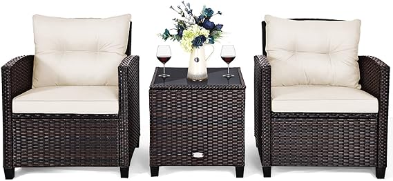 3-Piece Outdoor Rattan Conversation Set with Cushions & Glass Table